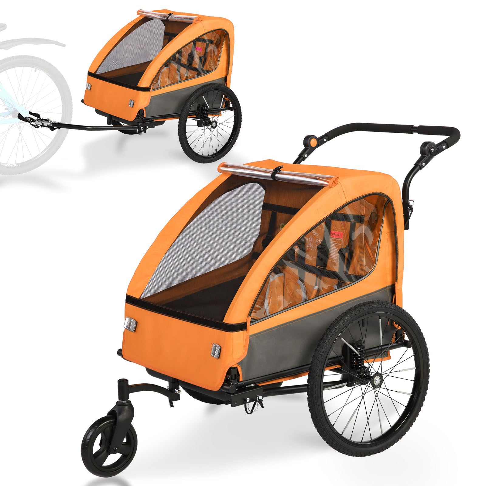 Kinderfahrradanhänger 2in1 mit Jogger & Buggy Funktion, Federung, höhenverstellbarem Schiebegriff & Handbremse, Fahrrad Anhänger für 1–2 Kinder, bis 40 kg, Orange