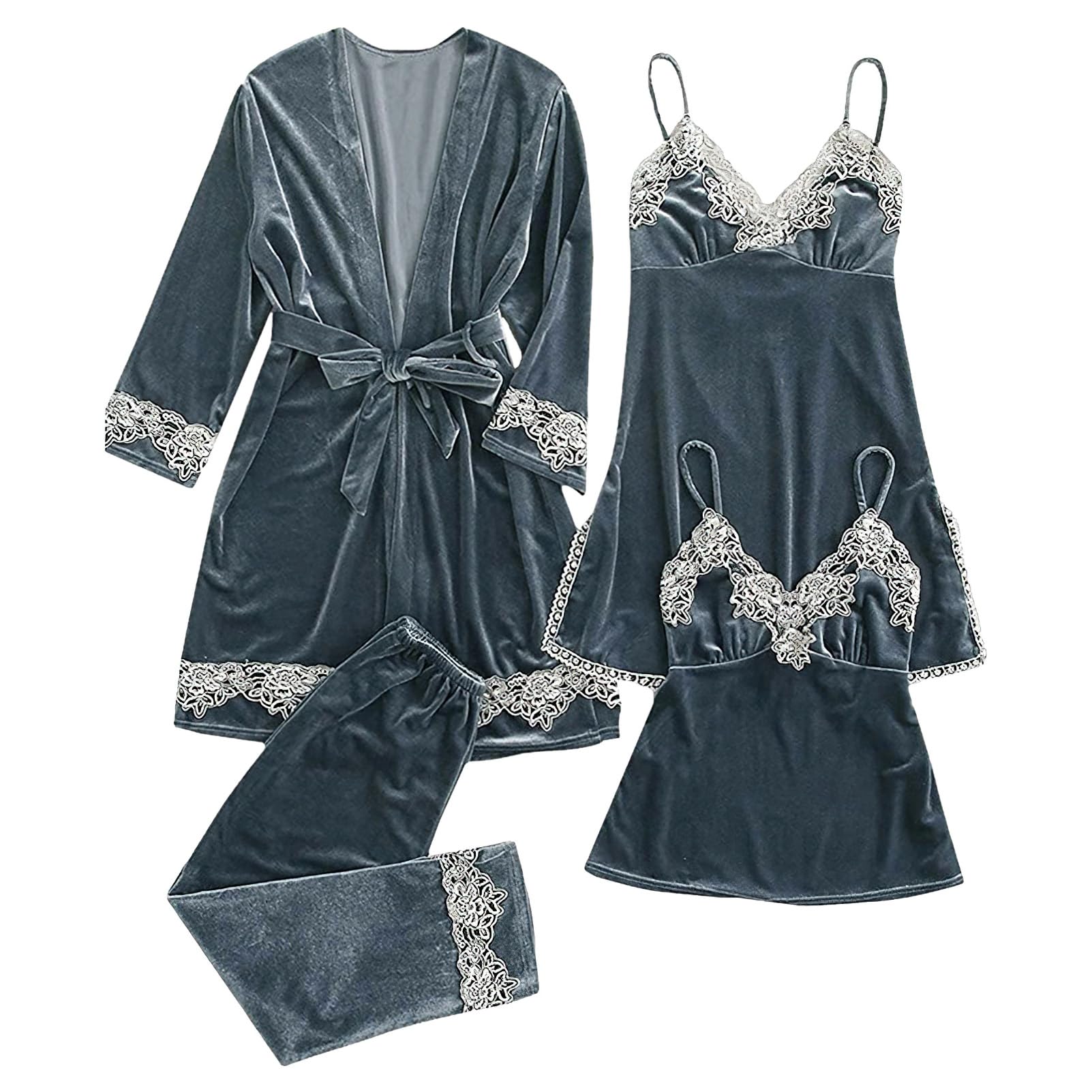 Donna Elegante Ricamo 4PCS Set Pigiama Velluto Accappatoio + Abiti + Pantaloni Abbigliamento Termico da Notte