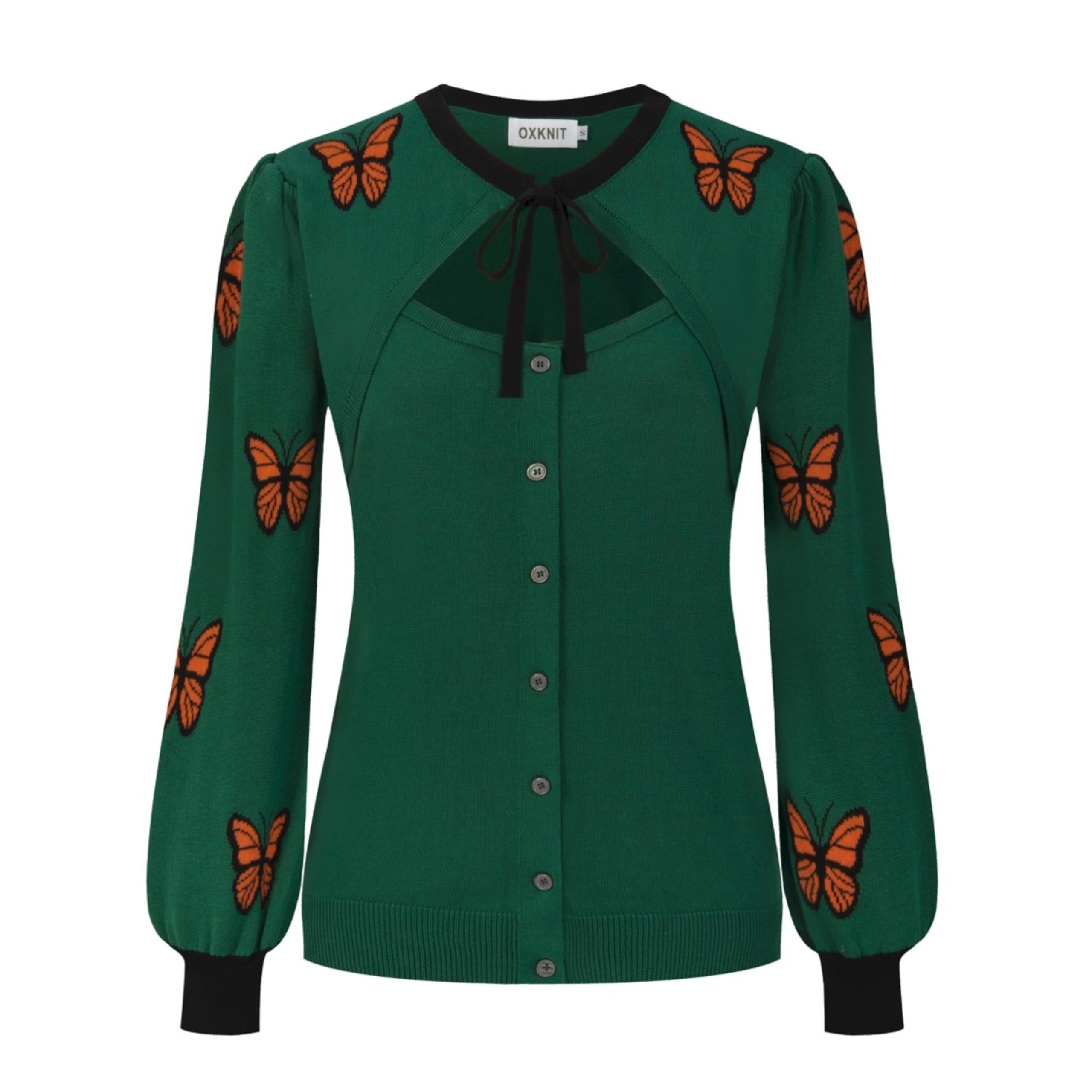 OXKNIT Damen Strickjacke Langarm Puffärmel, Cardigan mit Schmetterling Jacquard, Strickoberteil für Party Alltag Herbst