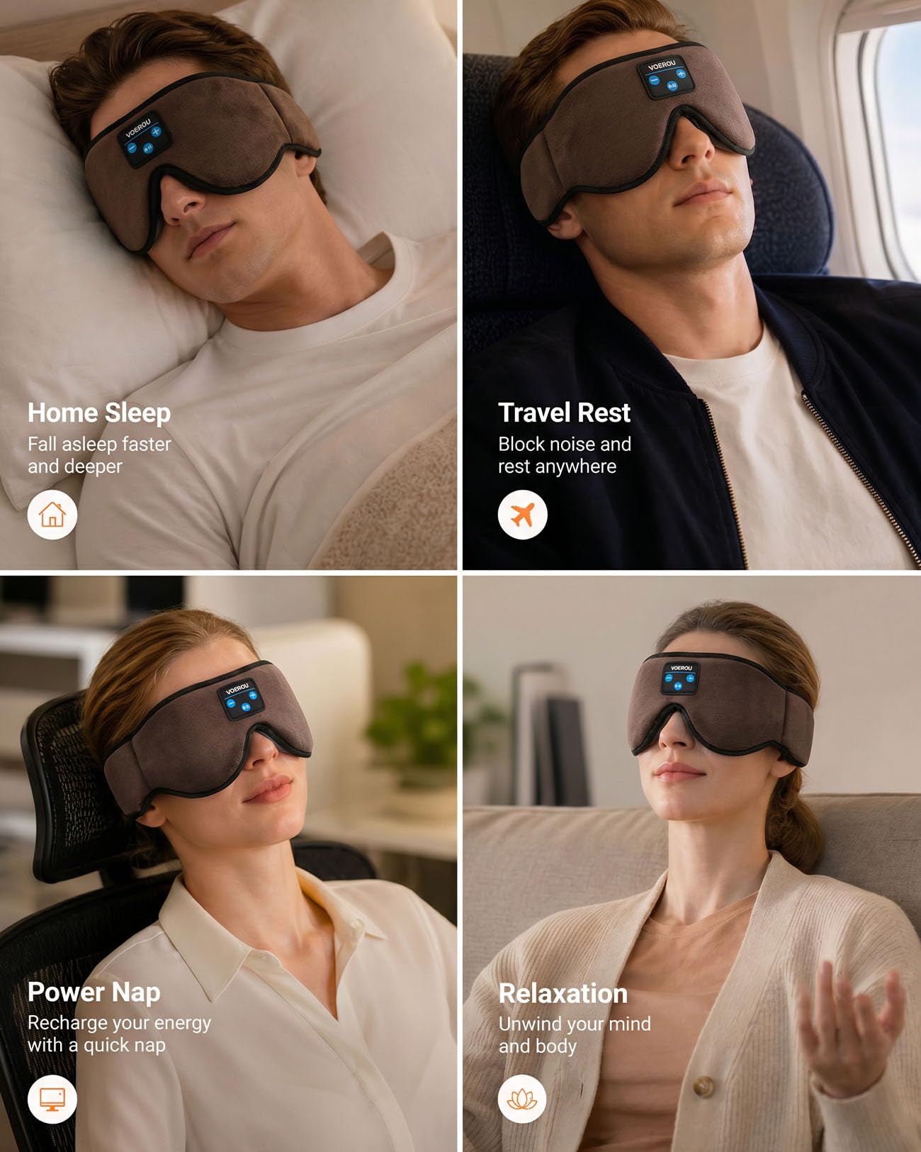 Voerou Auriculares Bluetooth para dormir, regalo de viaje ligero | Altavoces ultrafinos de 0.2 pulgadas, carga rápida 2H, tela suave transpirable, lavable, ideal para dormir, viajar y regalar.