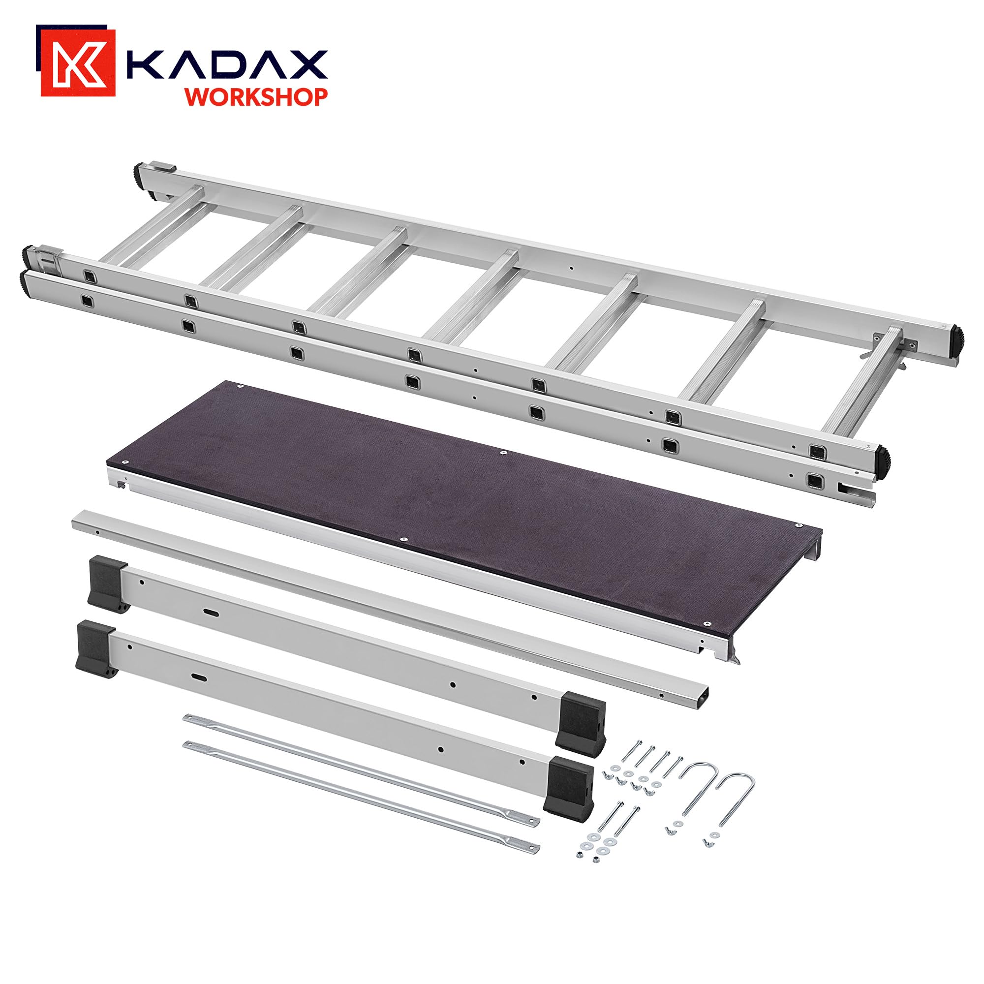KADAX Rusztowanie aluminiowe wielofunkcyjne z platformą 114x187 cm, 14-szczeblowe, antypoślizgowe stopki, do prac budowlanych i remontowych