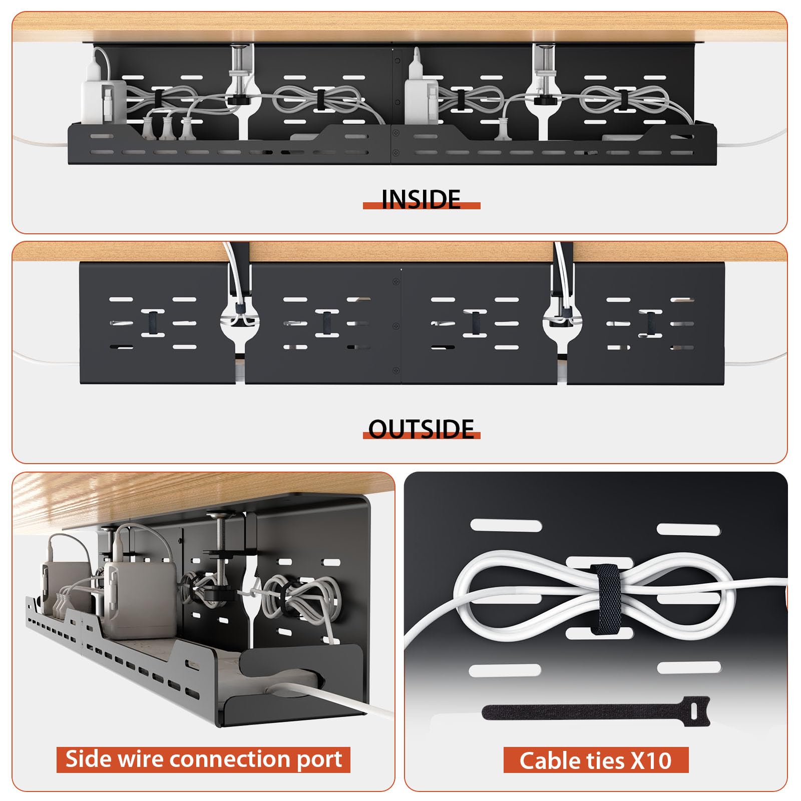 Univivi Unter dem Kabelmanagement Schreibtisch, 81cm Kabelkanal Schreibtisch aus Stahl, Befestigung Ohne Bohren mit Klemme/Schrauben, Flexible Organizer Schreibtisch für Büro und Zuhause (Schwarz)