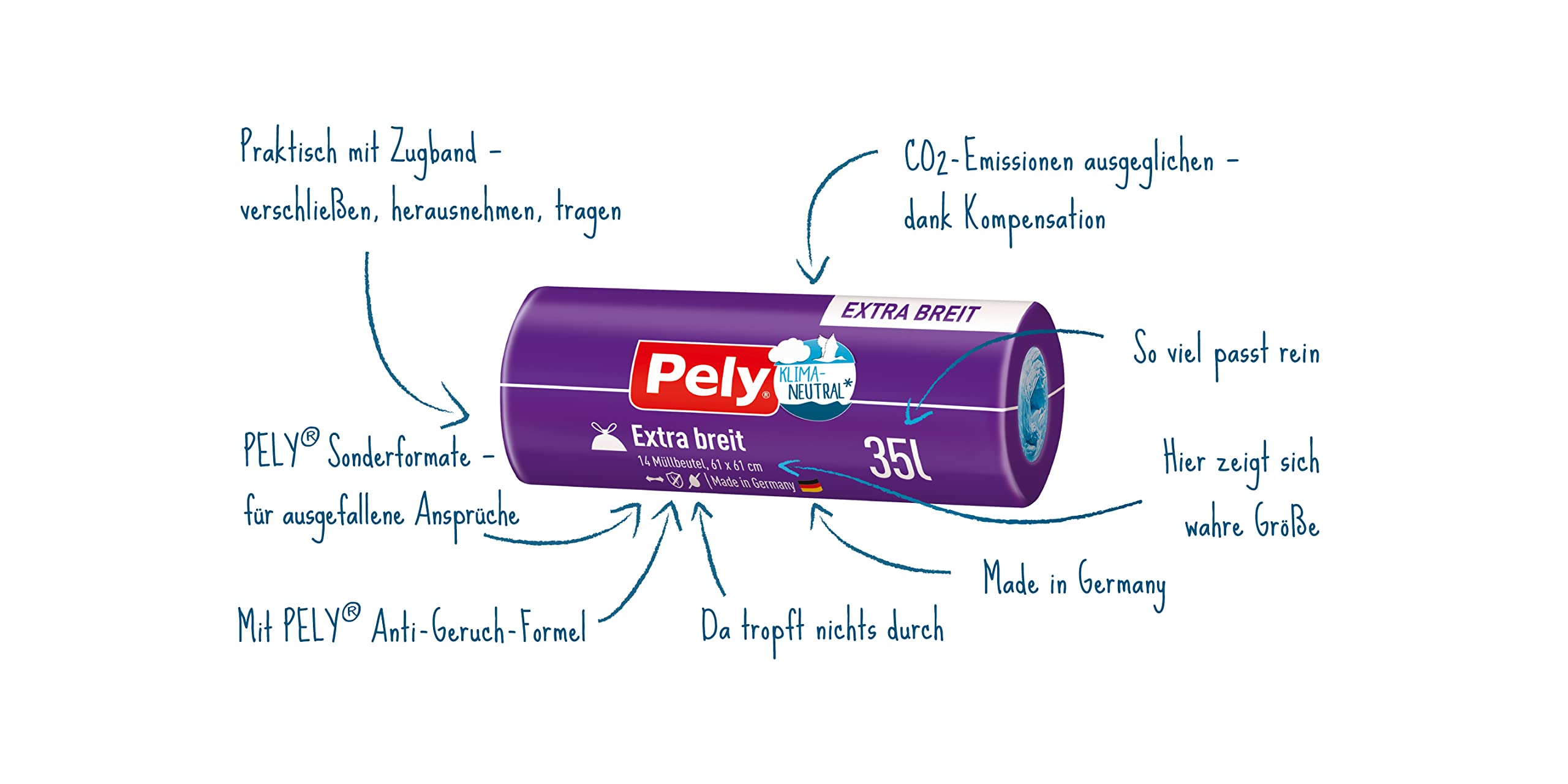 Pely Zugband Müllbeutel Anti Geruch 35 Liter extra breit - Vorteilspack 19 x 14 Stück, für die Entsorgung von Restmüll