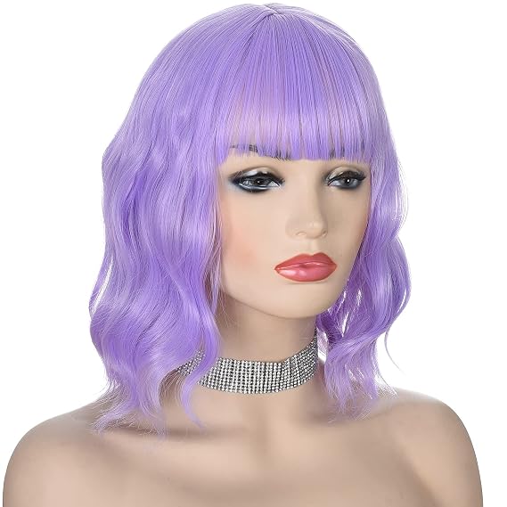 morvally Purple Wigs for Women Light Purple Wig with Bangs Short Lavender Wavy Synthetic Hair Bob Wigs for Womens Daily Wear 12 Inch