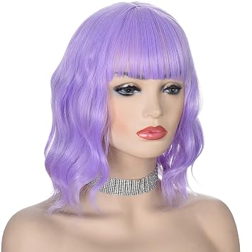 morvally Purple Wigs for Women Light Purple Wig with Bangs Short Lavender Wavy Synthetic Hair Bob Wigs for Womens Daily Wear 12 Inch
