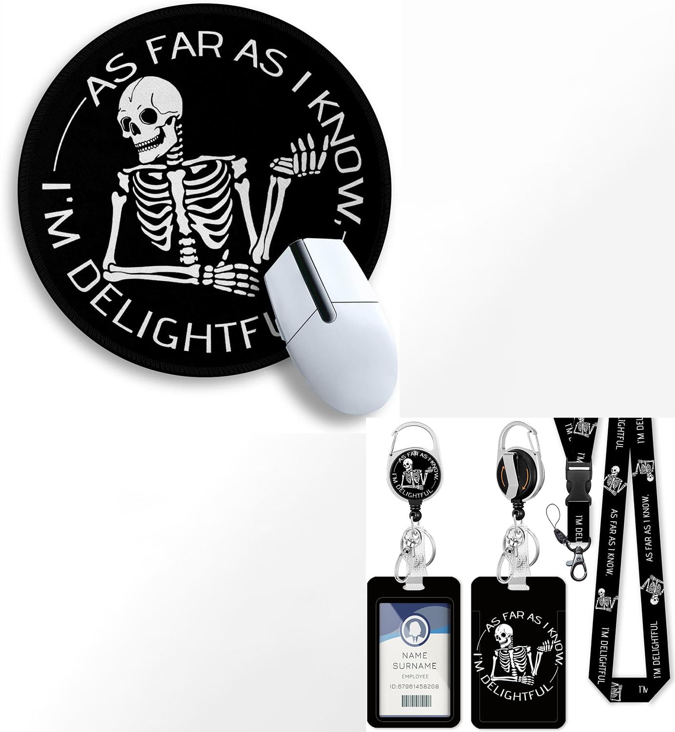 Skeleton Skull Round Mouse Pad, Funny Skeleton Badge Reel Retractable Heavy Duty with 360° Swivel Carabiner Clip, Sarcastic Xray ID Badge Holder with, Funny Office Decor Desk Accessories Lanyard,