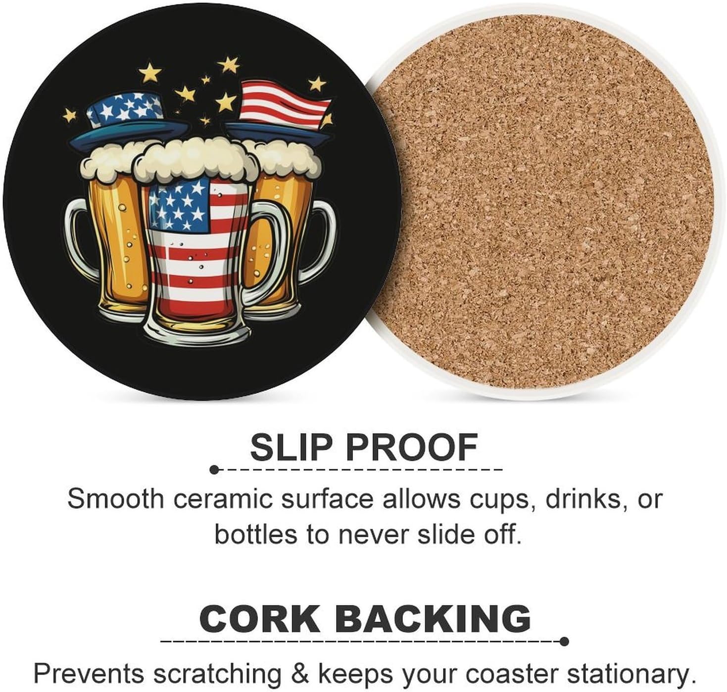 Beer USA Flag 4th of July Party Drinking Coasters for Drink Round Ceramic Coaster with Cork Base Home Decorative 6PCS