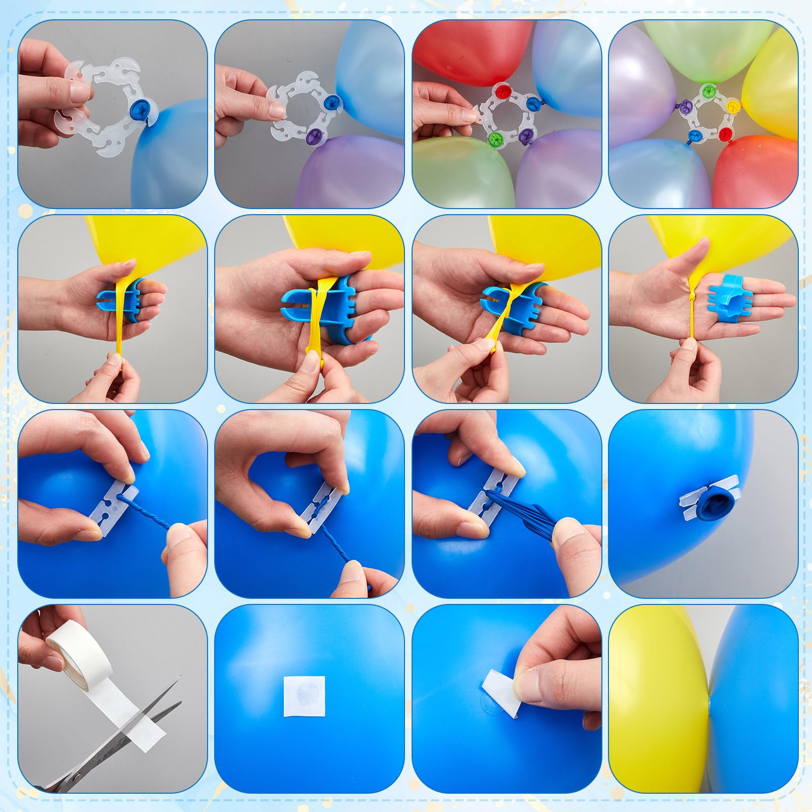 LemonRoad 108-teiliges Ballonbogen-Clip-Set enthält 10 x 8,9 cm große, transparente Hintergrund-Clips, 50 x 260 Luftballons, 5 x 6 cm kleine Clips, Klebepunkte und Bindewerkzeug, Ballonkette für