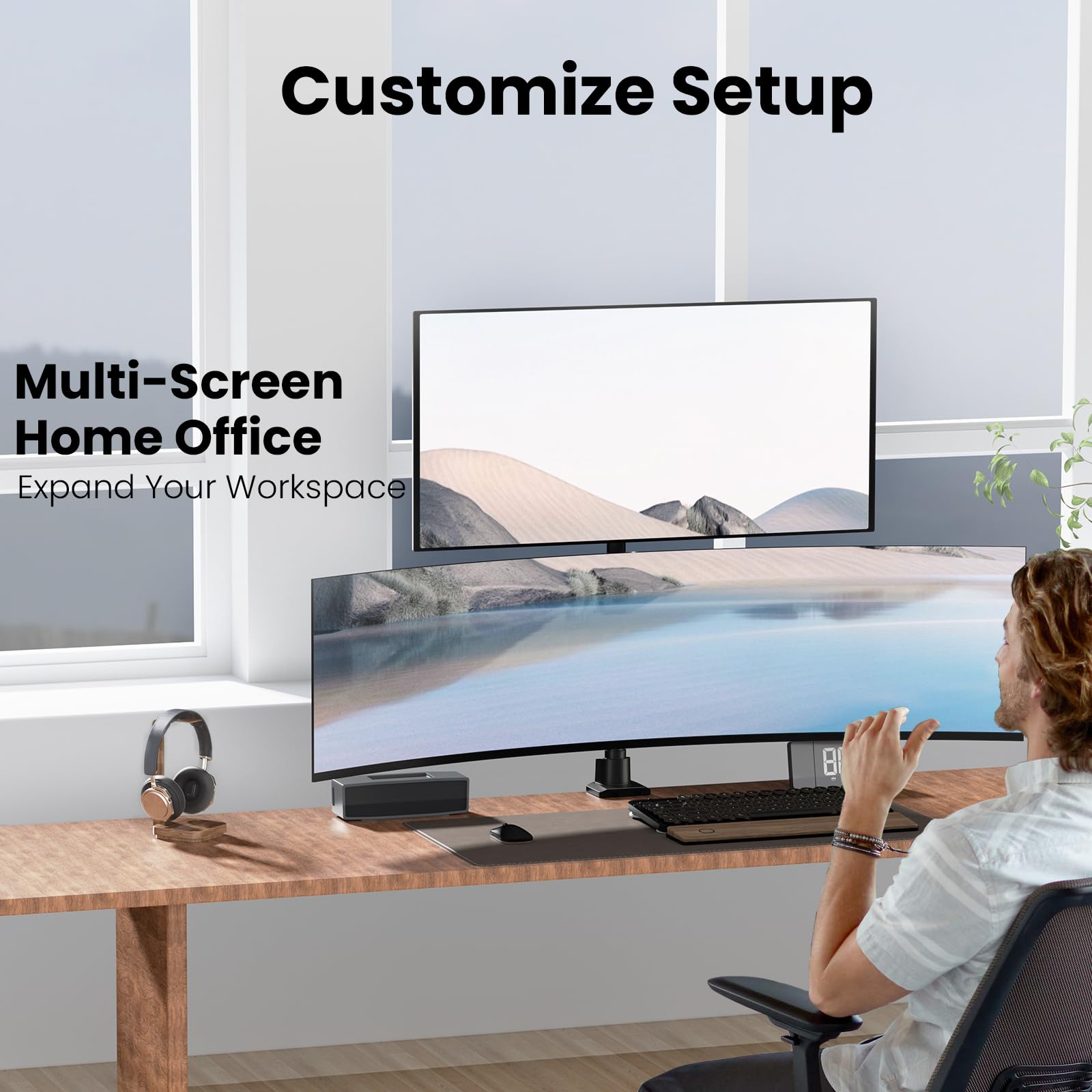 Supporto Doppio Monitor Verticale, Braccio Monitor Verticale Doppio Adatto a Due Schermi da 24 a 57 Pollici, Girevole, Inclinabile, Regolabile in Altezza