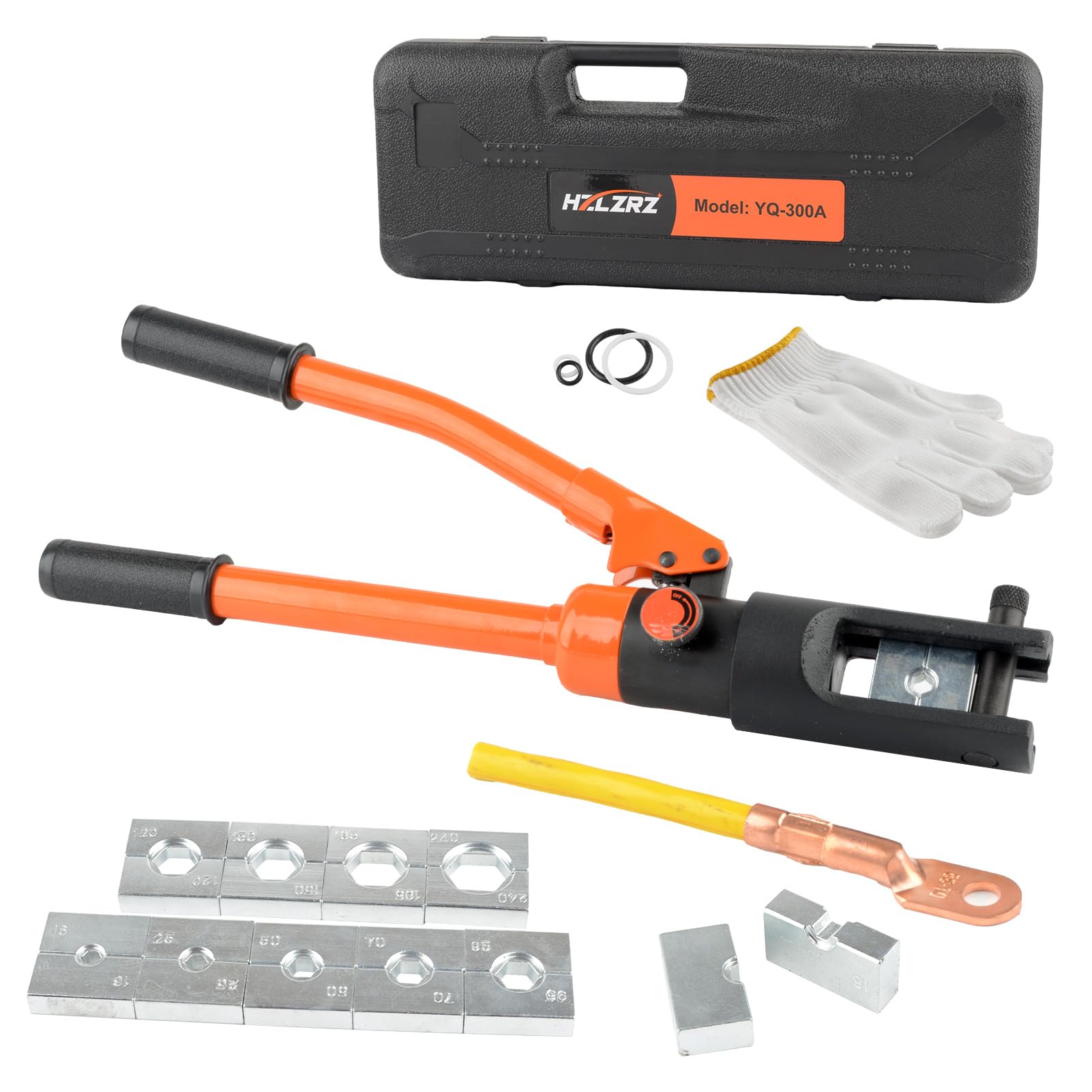 HZLZRZ Hydraulic Crimping Tool and Wire Crimping Tool, 16 Tons and Range 4AWG-600MCM, 11Pairs of Dies for Terminal Kit, Battery Terminal Crimper,