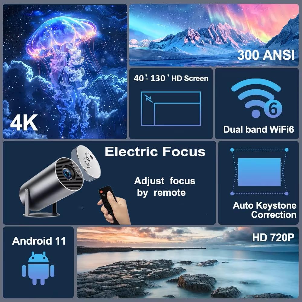 Hy300Plus Proiettore portatile HD 4K Android 11 Wifi6 LED Video Home Theater Cinema Telefono Mini proiettore Film (Proiettore Hy300 Plus Nero)