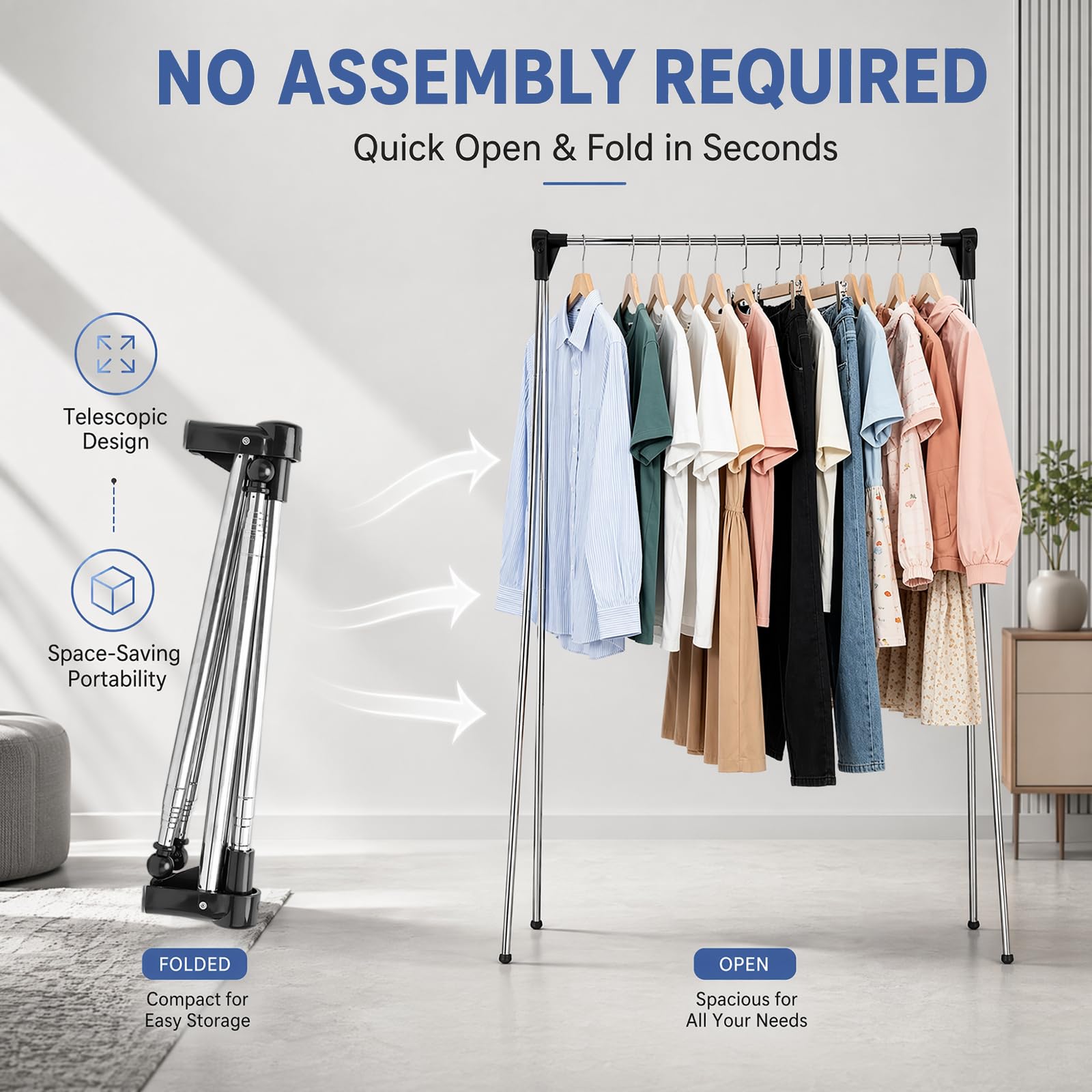 Gohytal Perchero plegable, perchero, perchero, perchero, estante para ropa, altura ajustable de 35 a 133 cm, longitud ajustable de 34 a 70 cm, tendedero portátil de viaje