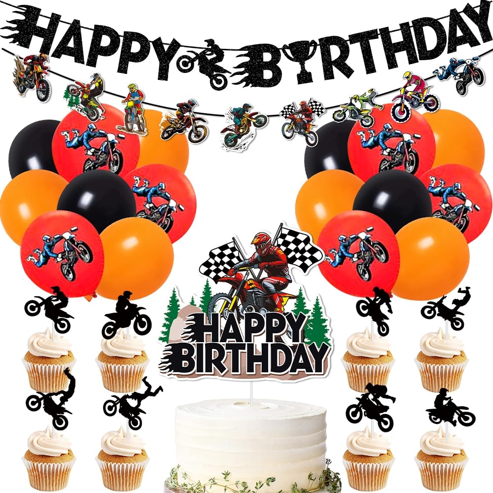 37 Piece Motorbike Party Birthday Becorations,SANYUANHE Motorcycle Cake Topper,Motocross Sports Theme,Racing Car Happy Birthday Banners Balloons