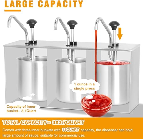 Miniatura 2 de Dispensador de bomba de condimentos de acero inoxidable de 11 cuartos de galón, estación de bomba de condimentos con 3 cubos de 3.7 cuartos de