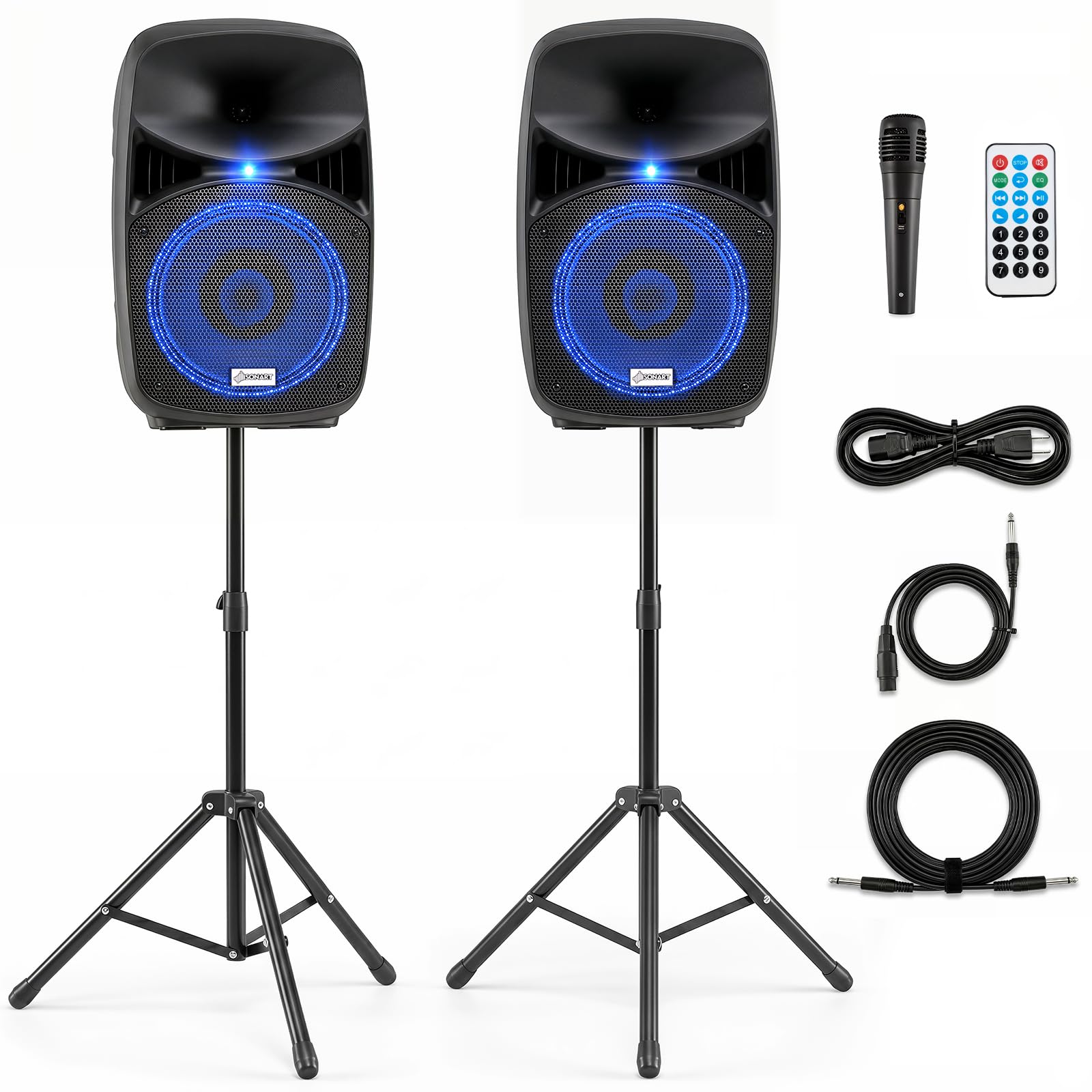 Portable 1600W 2-Way Powered PA Speaker System, Professional DJ Speakers with Active + Passive Loud Set, 2 Stands, Microphone, Bluetooth, USB/SD Card Input, FM Radio,Remote (2-Way)