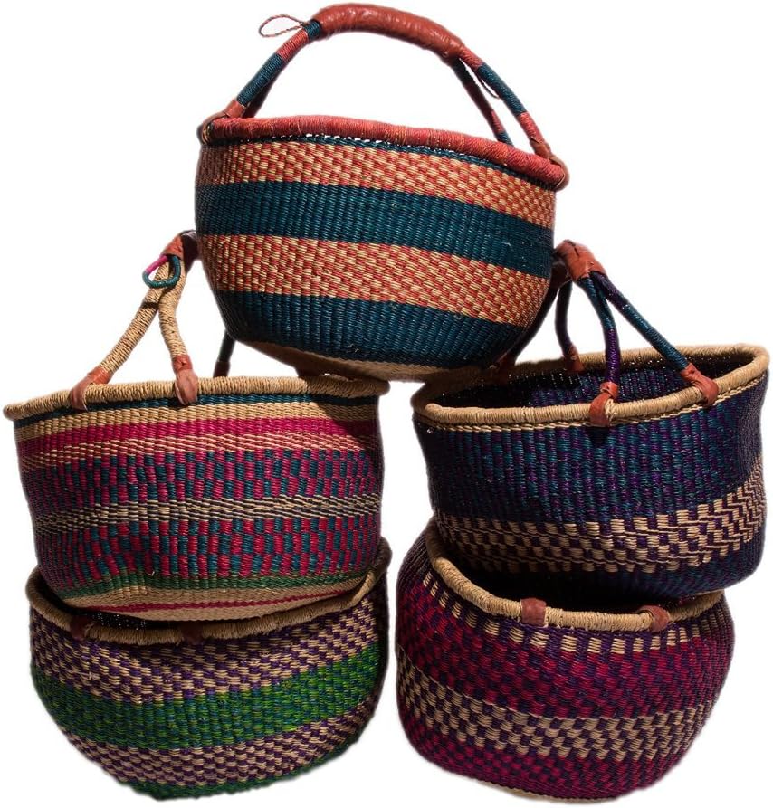Original Bolga Rundkorb Aus Ghana - Handgeflochten, Ca. 30x30 Cm, Mit Ledergriff, Dunkelgrün