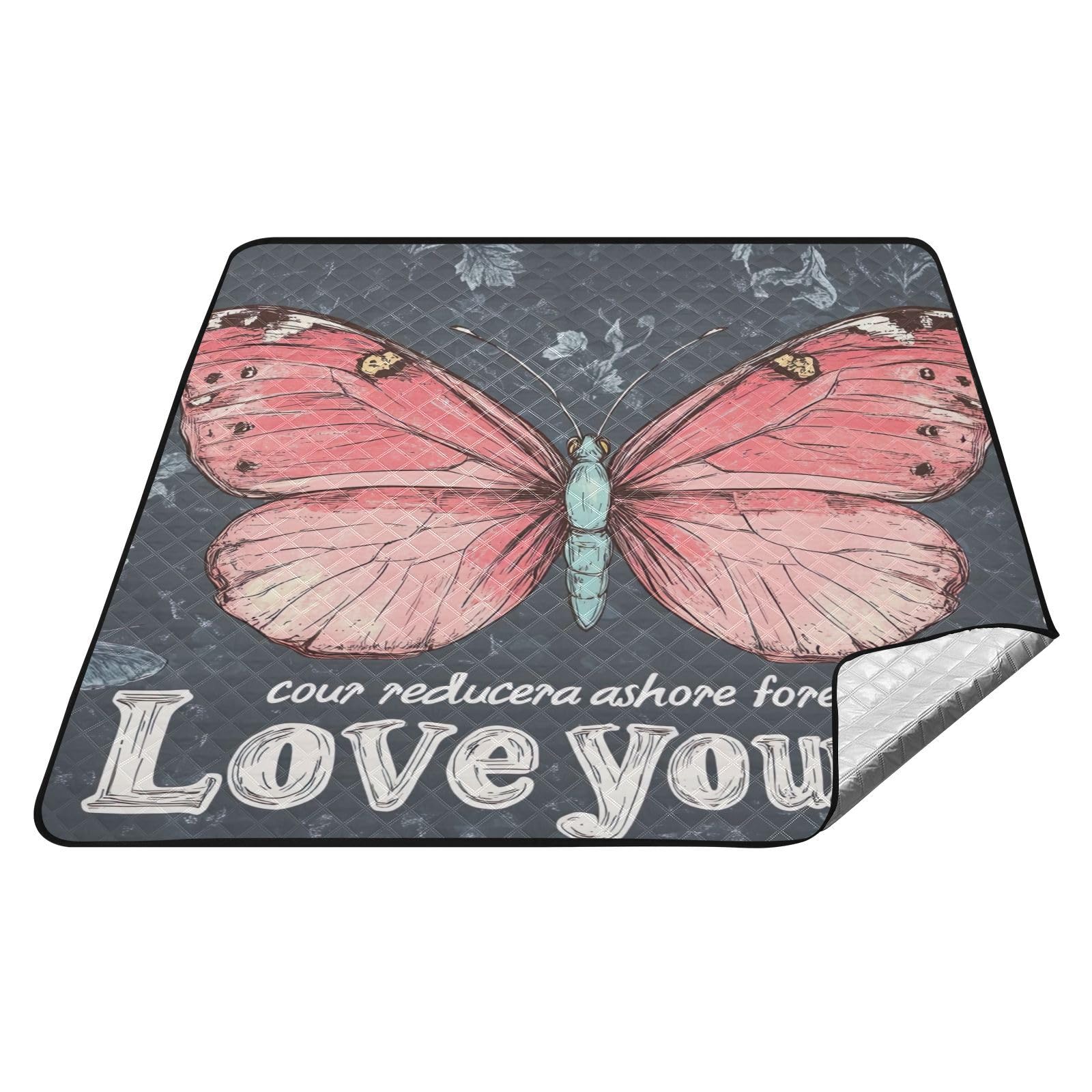 Grand tapis de plage gris Love Yourself couverture imperméable papillon
