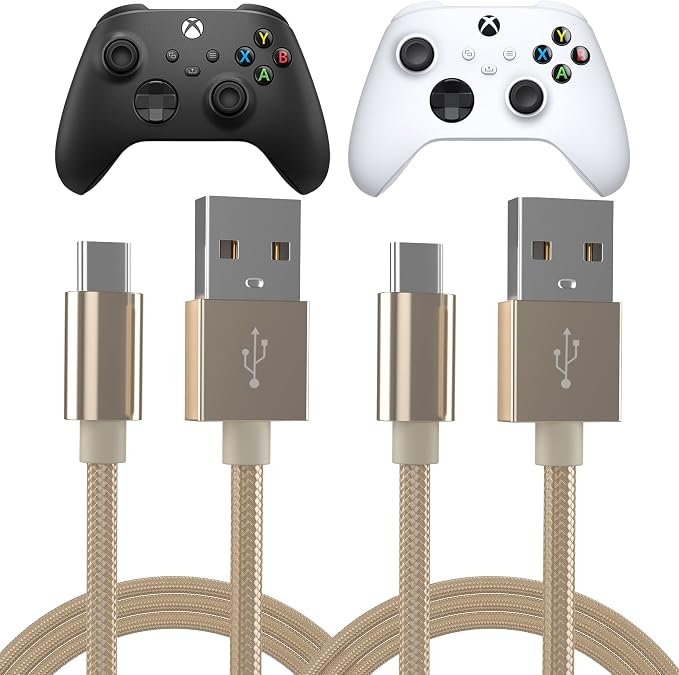 TalkWorks Controller Charger Cable Compatible for Xbox X/S Controller, USB C to USB A - 6' Nylon Braided Type C Fast Charging Cord for X-Box X/S (Gold, Pack of 2) (14099)