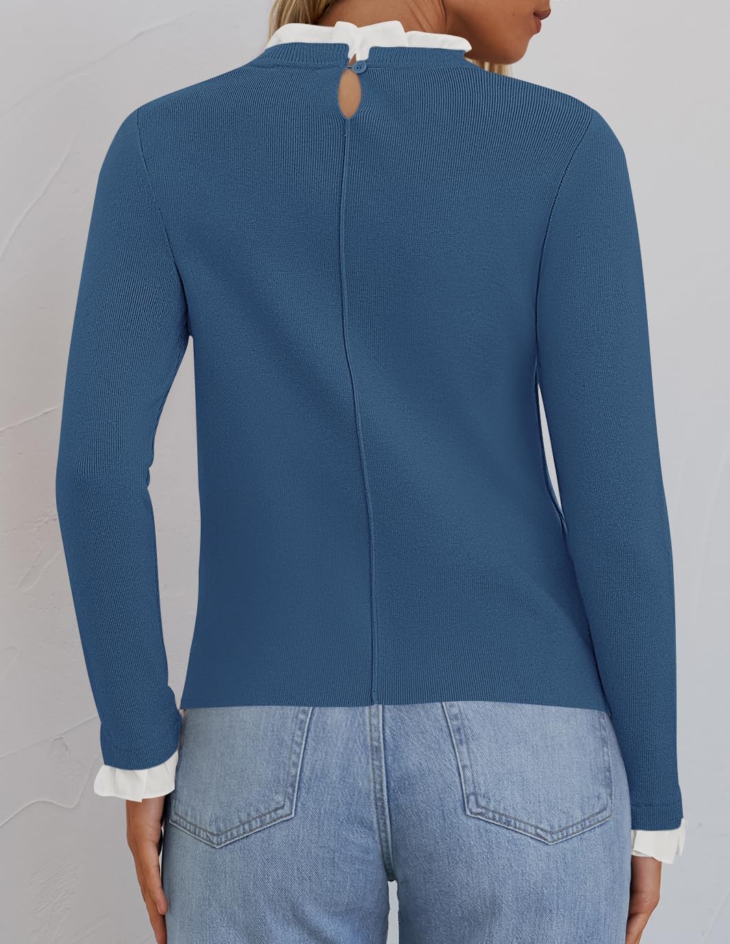 ZESICA Womens Long Sleeve Ruffle Sweaters 2026 Spring Crewneck Color Block Slim Fit Basic Casual Knit Pullover Sweater Tops - Image 4