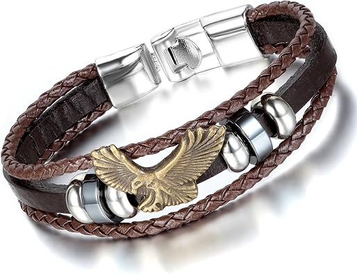 Flongo Mens Vintage Bronze Eagle Brown Braided Leather Multi-Strand Wristband Wrap Bracelet Tribal, 8.5 inch