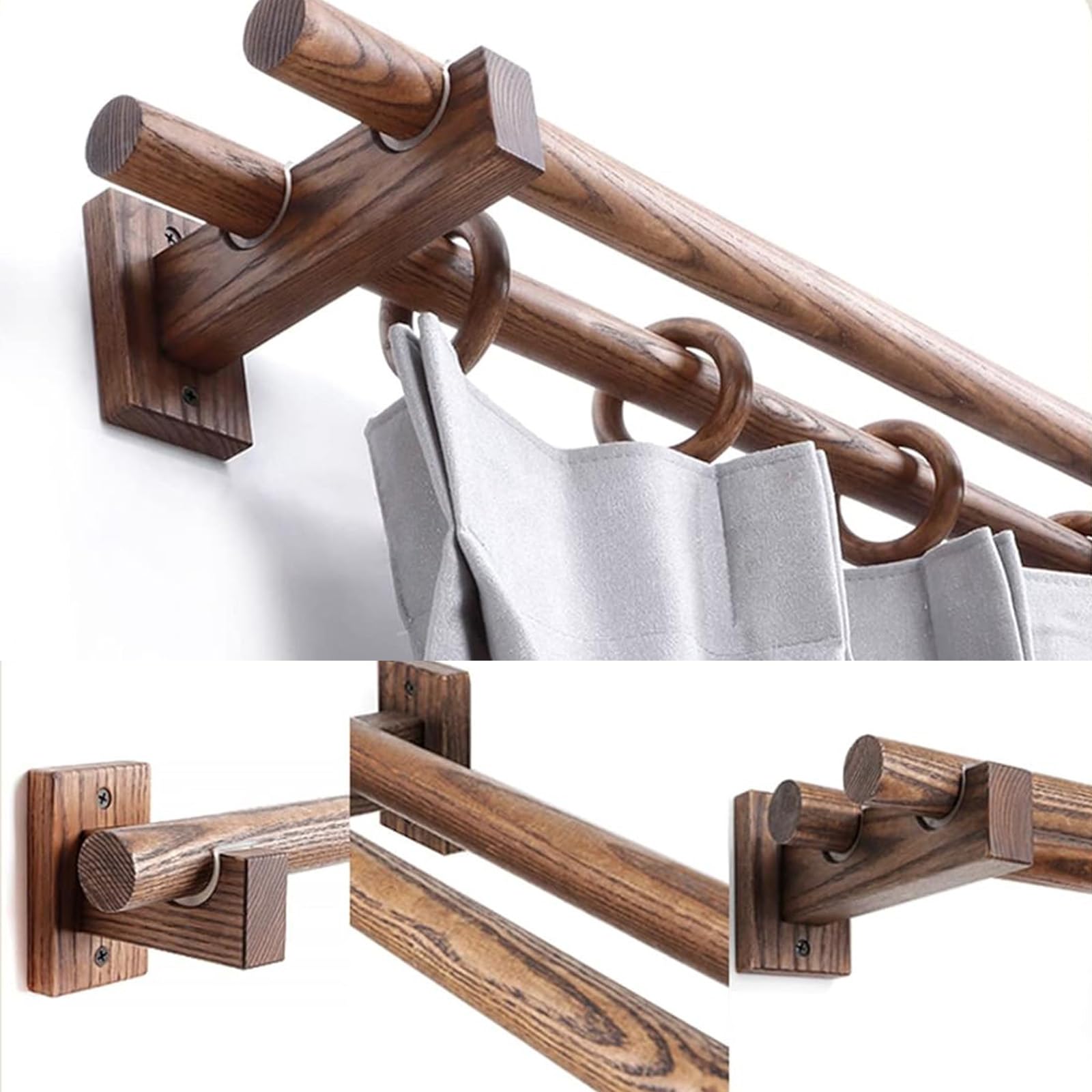 ty Tringle à rideaux en bois de 120 cm – Tringle à fenêtre simple/double avec support simple pour chambre à coucher, cuisine, salle de bain – Design robuste et résistant