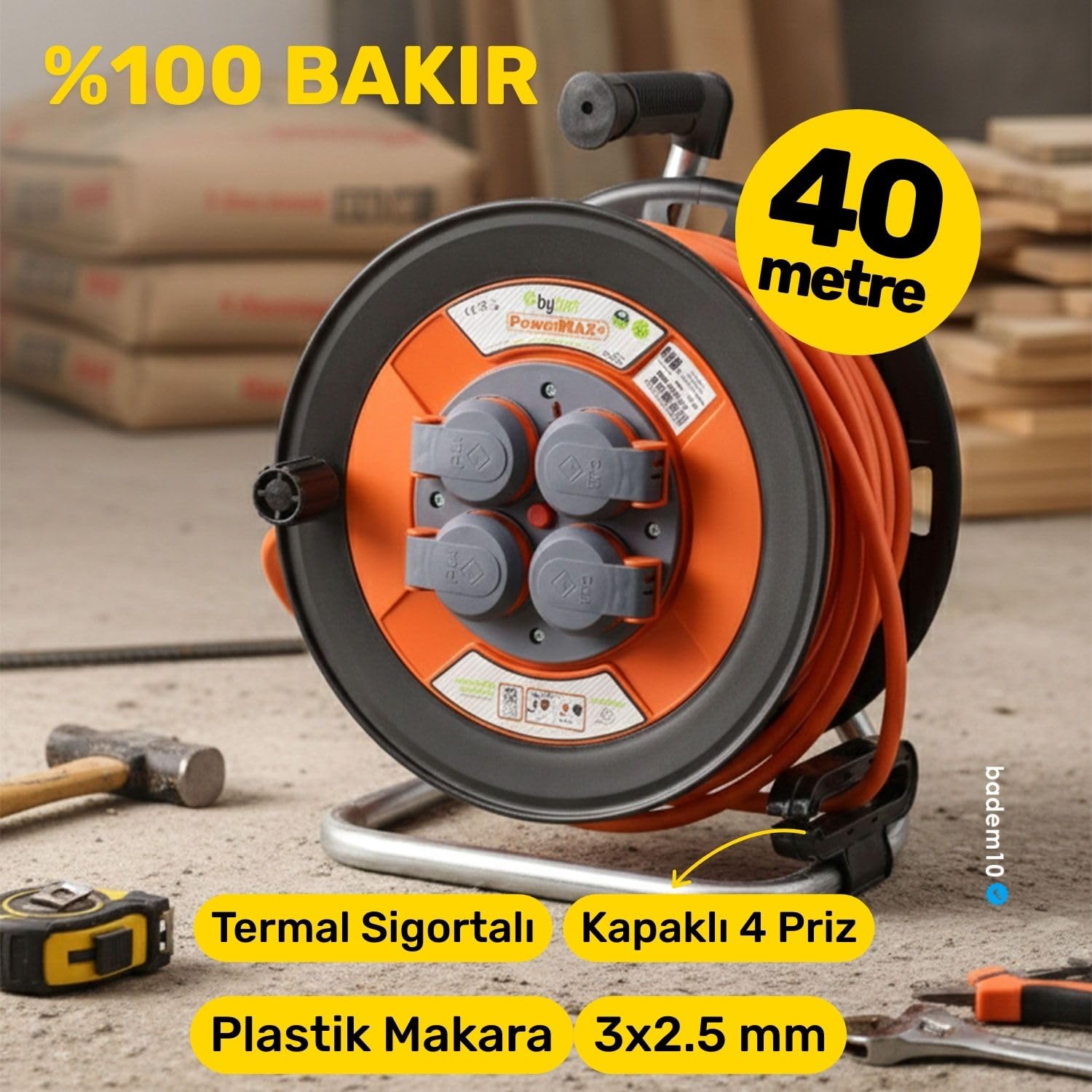 Plastik Makaralı Kablo Uzatma Kablosu% 100 BAKIR 40 Metre 3x2.5 mm Termal Sigortalı Seyyar 4 Prizli