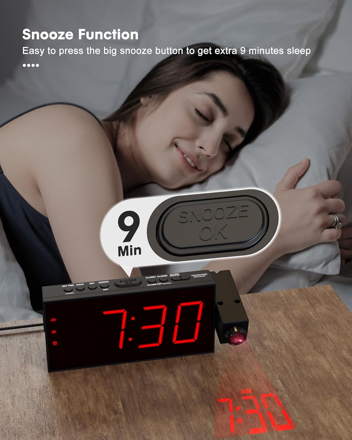 OnLyee Projection Alarm Clock with a hand pressing the snooze button.