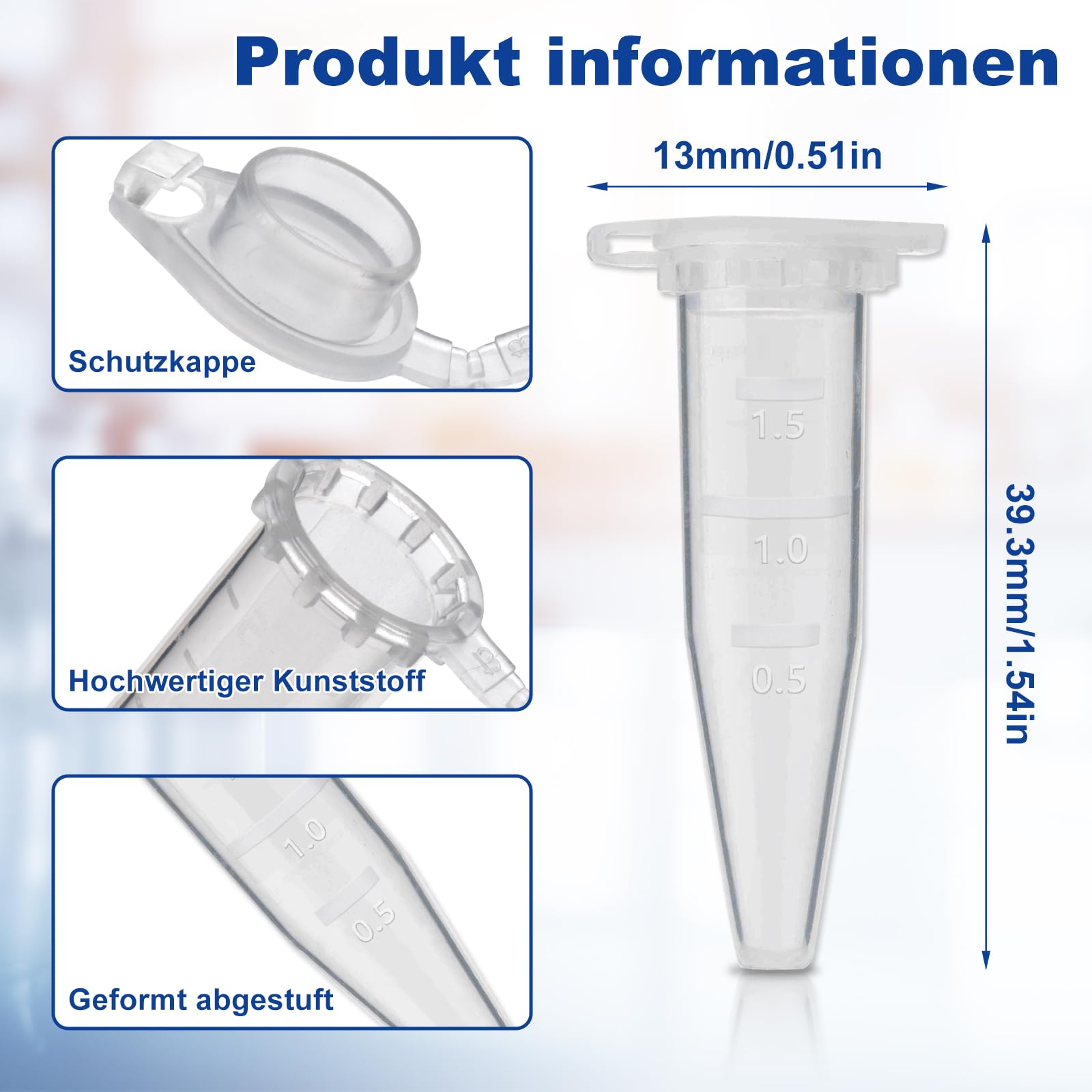 Lot de 500 1.5ml tube à centrifuger, micro centrifugeuse tube, tubes à essai en plastique avec couvercle, micro tubes à essai flacon pour laboratoire d'échantillons de flacons d'essai