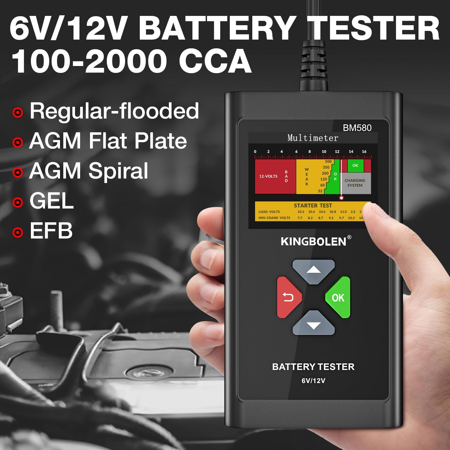 KINGBOLEN BM580 Tester naładowania akumulatora samochodowego 12V 100-2000 CCA 2-220Ah Cyfrowy analizator