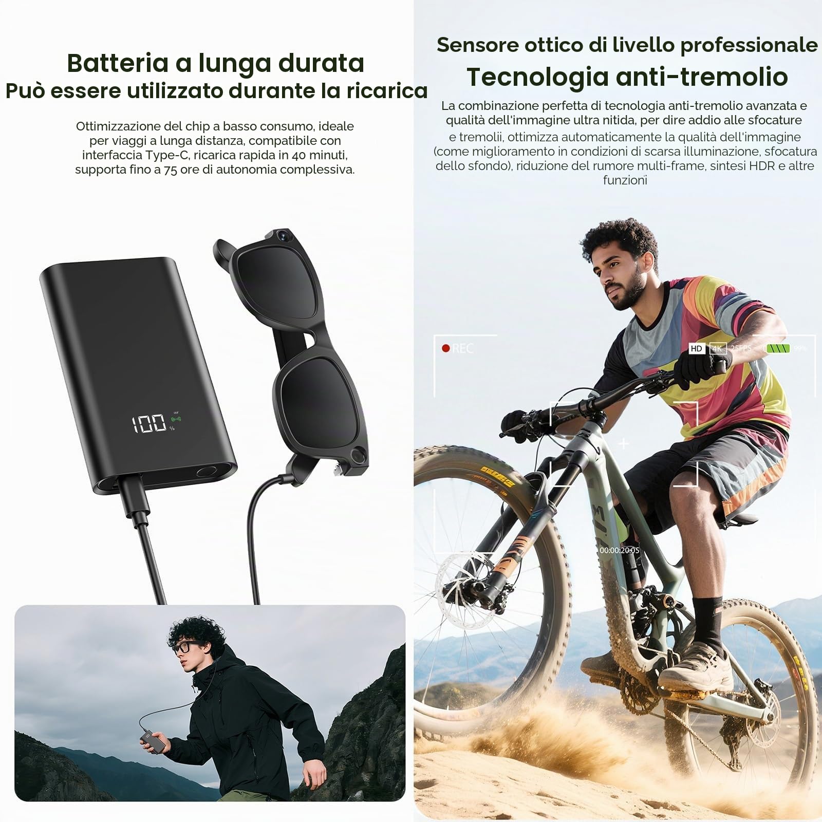 8MP Occhiali Con Fotocamera Intelligente AI, Registrazione Video HD 1080P E Scatto Di Foto/traduzione/conversazione Assistita, Adatti Per Esterni E Interni, Ciclismo, Escursionismo E Viaggi(Nero)