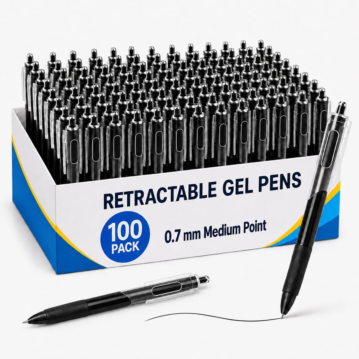 Ellinjan Confezione da 100 penne gel, inchiostro nero, penne retrattili da 0,7 mm, scrittura liscia, inchiostro ad asciugatura rapida, impugnatura in gomma morbida, penne a punta media per scuola