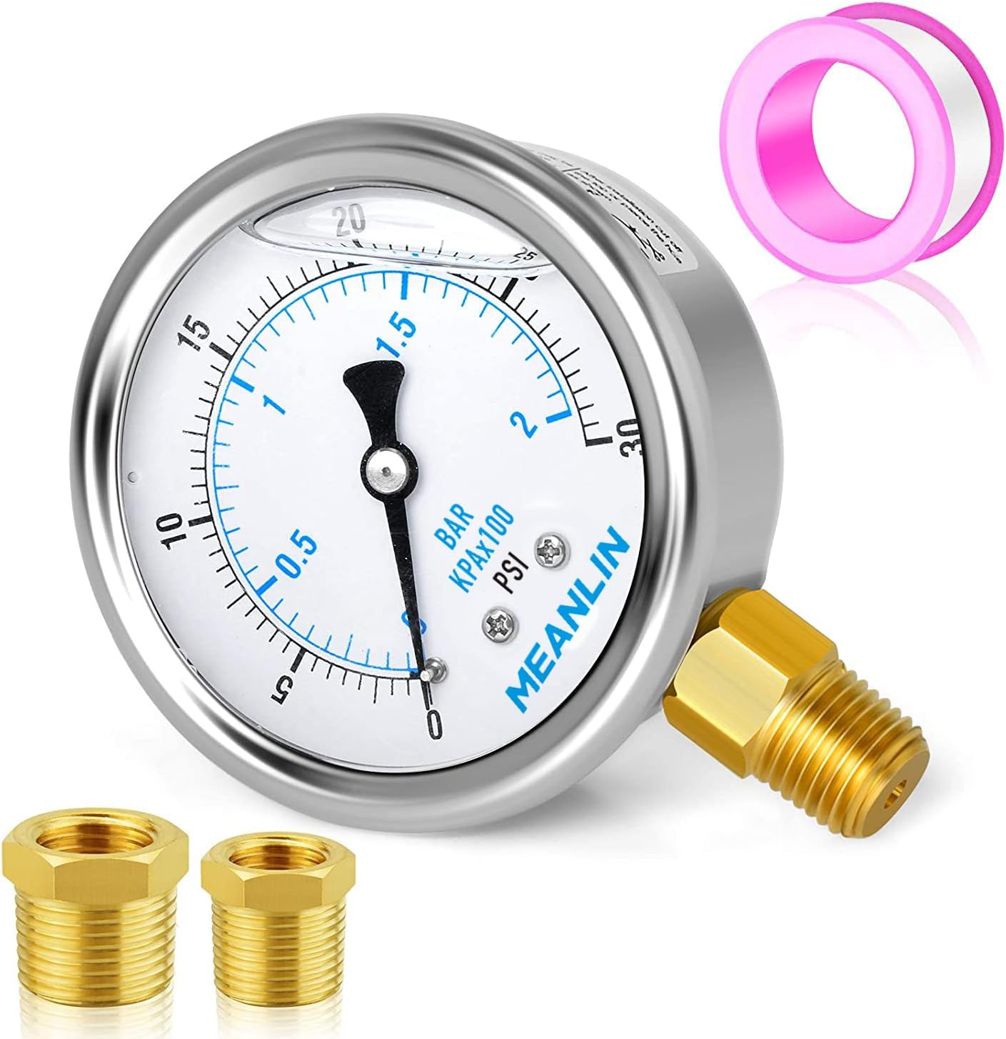 Sponsored Ad - MEANLIN MEASURE 0~30Psi Stainless Steel 1/4" NPT 2.5" FACE DIAL Liquid Filled Pressure Gauge WOG Water Oil Air Lower Mount, with 1/4" x 1/2" NPT and 1/4" x 3/8" NPT Hex Bushing