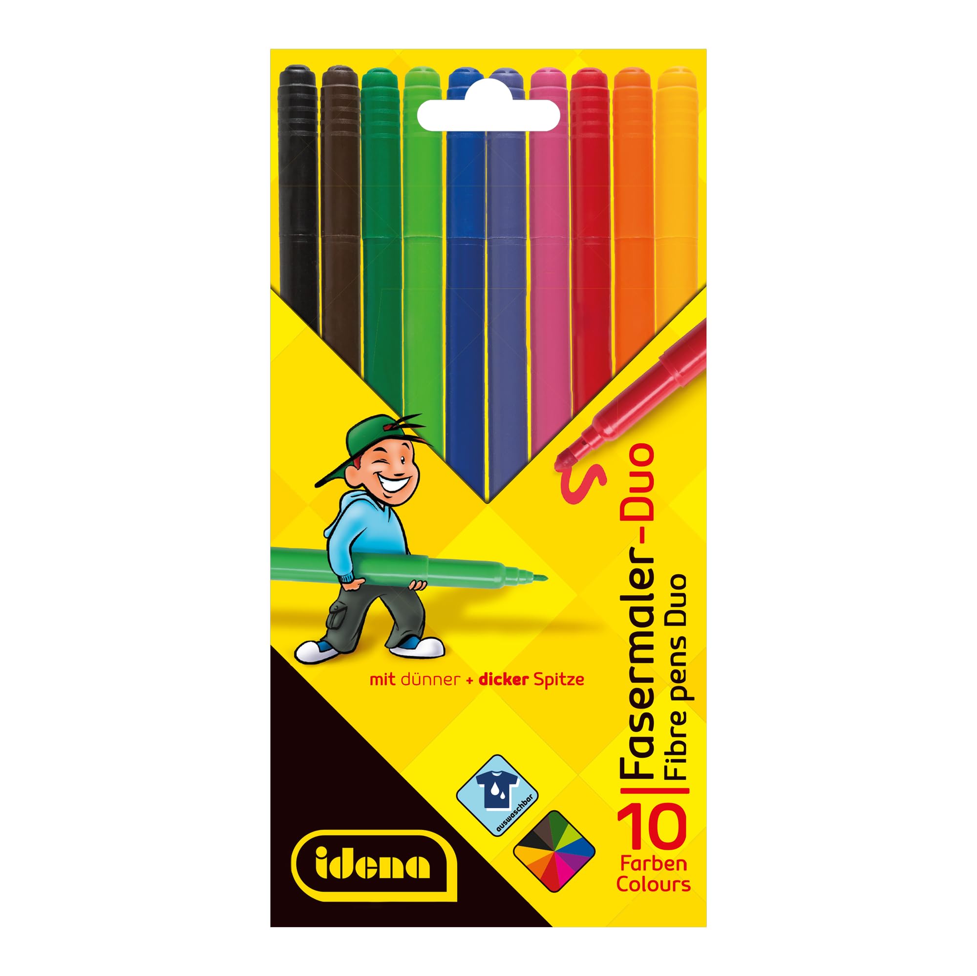 Idena 10040 Fibre-Tip Pens Duo, Pack of 10 in Cardboard Case, with Thin and Thick Tip, Colour-Intense, Washable, for Painting and Drawing in Nursery, School and Leisure
