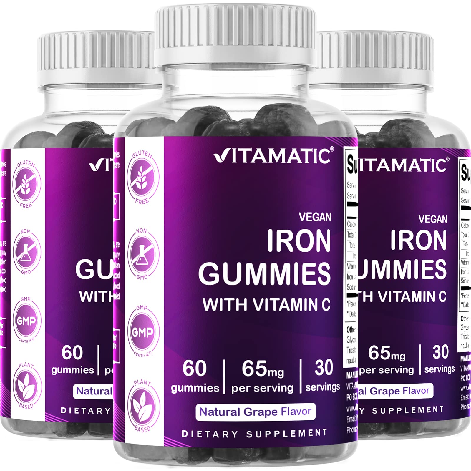 Vitamatic Iron 65 mg Gummies Supplement for Women & Men - 60 Vegan Gummies - Great Tasting Iron Gummy Vitamins with Vitamin C (3)