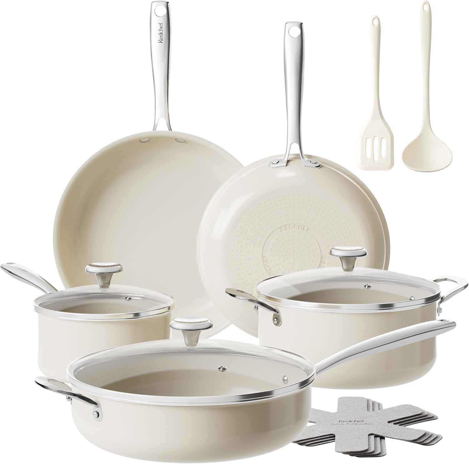 Redchef Ceramic Nonstick Cookware Set,14pcs Pots and Pans Set Non Stick,Induction Cookware with Stainless Steel Handle,Non Toxic Kitchen Cooking Set,Dishwasher & Oven Safe,PFAS PFOA & PTFE Free Beige 14PC Cookware Sets