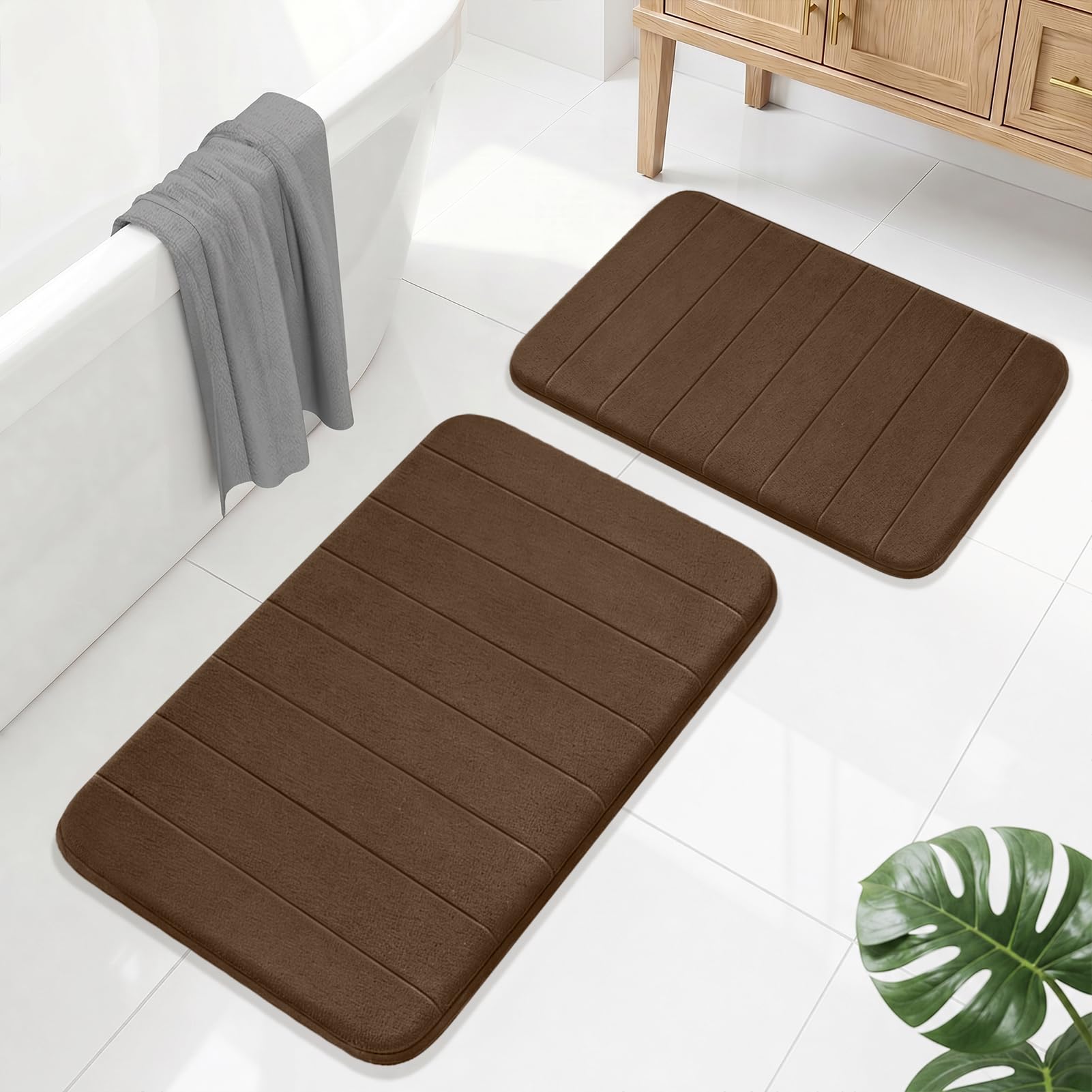 LUSCHEER Bathroom Mat Sets 2 Piece, Memory Foam Bath Mat, Brown