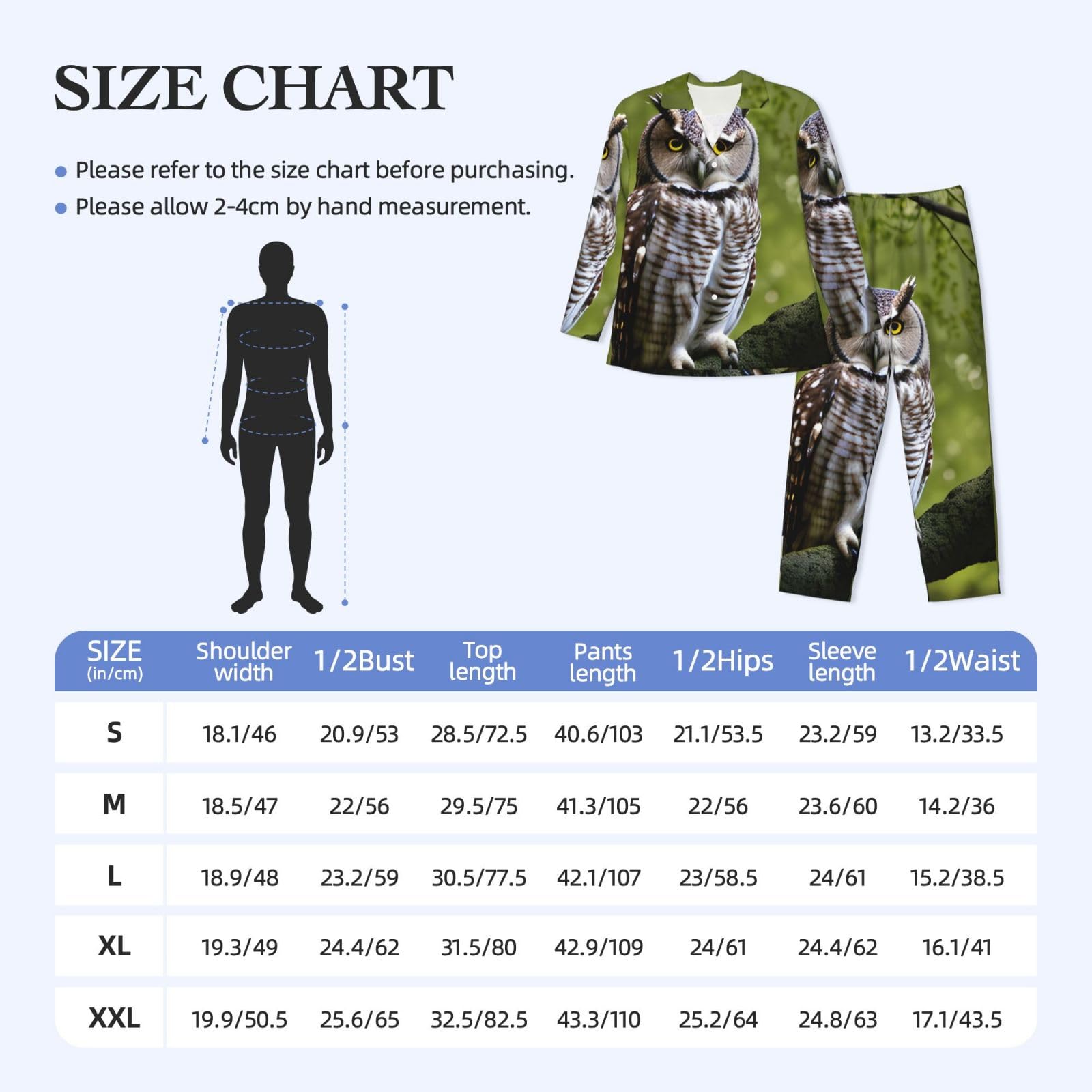 Herren-Pyjama-Set, langärmelig, Eulenmotiv, Hauskleidung, bequeme Nachtwäsche, Nachtwäsche