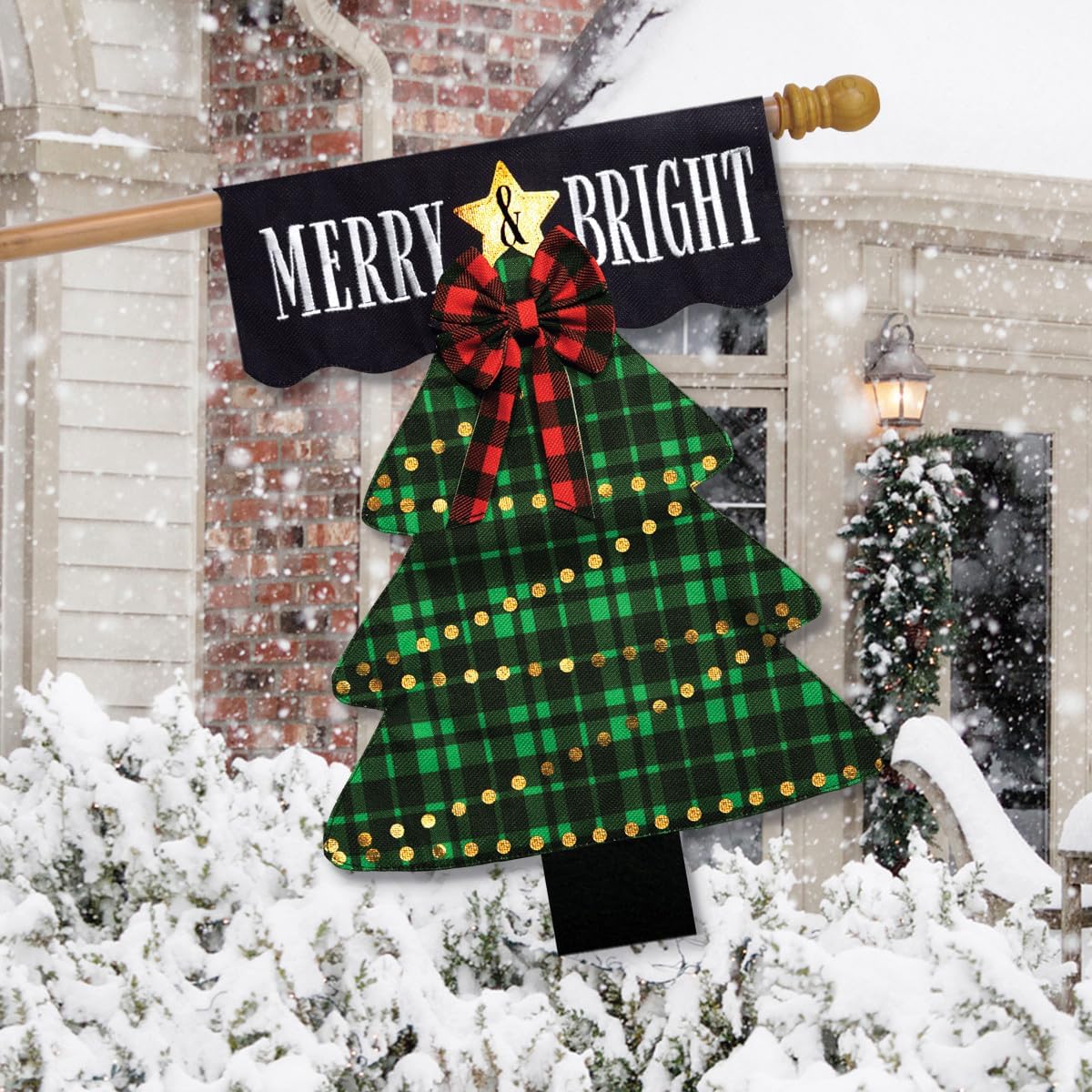Merry and Bright Tree Burlap Christmas House Flag 40" x 28" Briarwood Lane