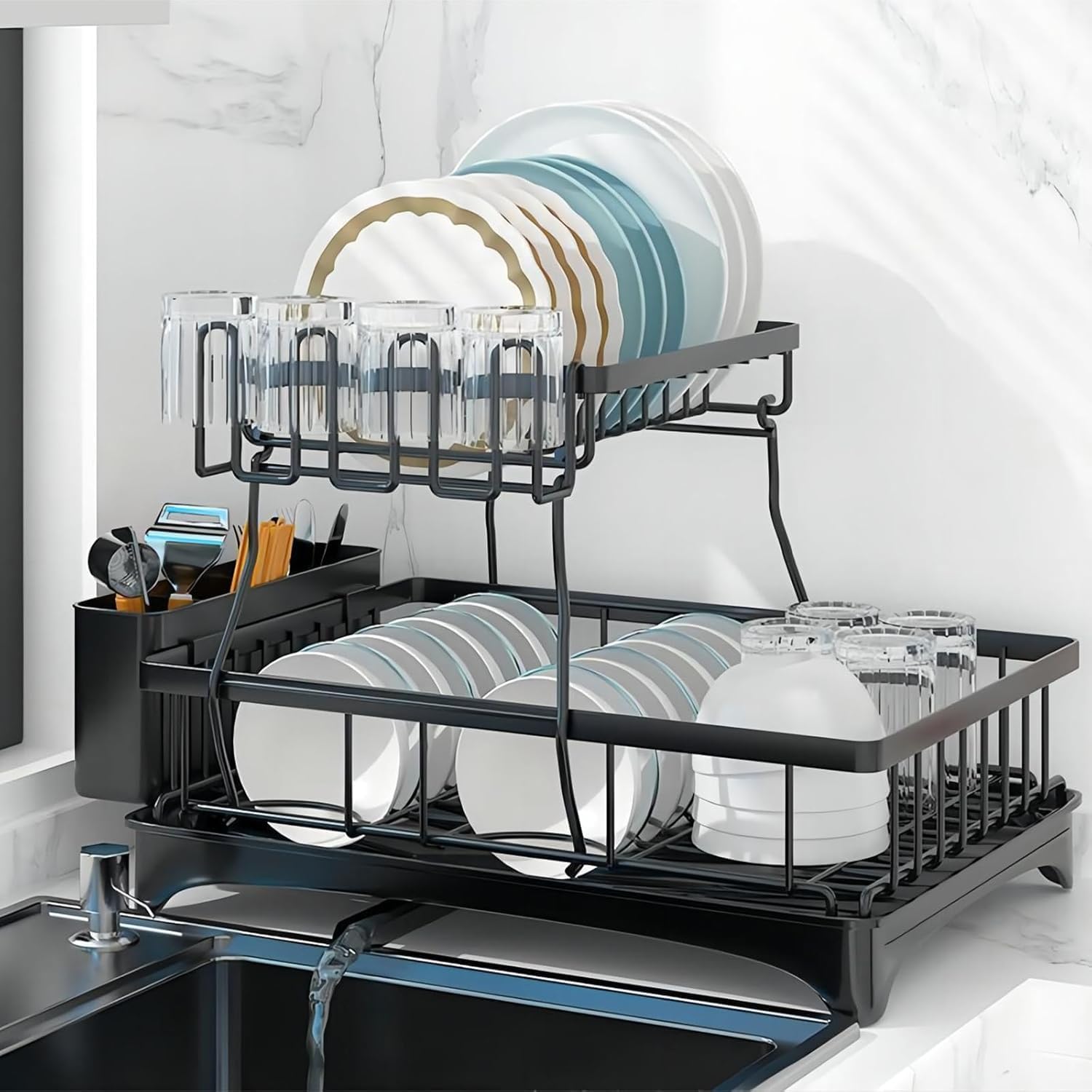 Dish Drainer Rack, 2-Tier Rust Proof Dish Drying Rack with Drip Tray & Cup Utensil Holder, Space Saving Plate Bowl Organizers for Kitchen Counter, Large Capacity & Detachable.