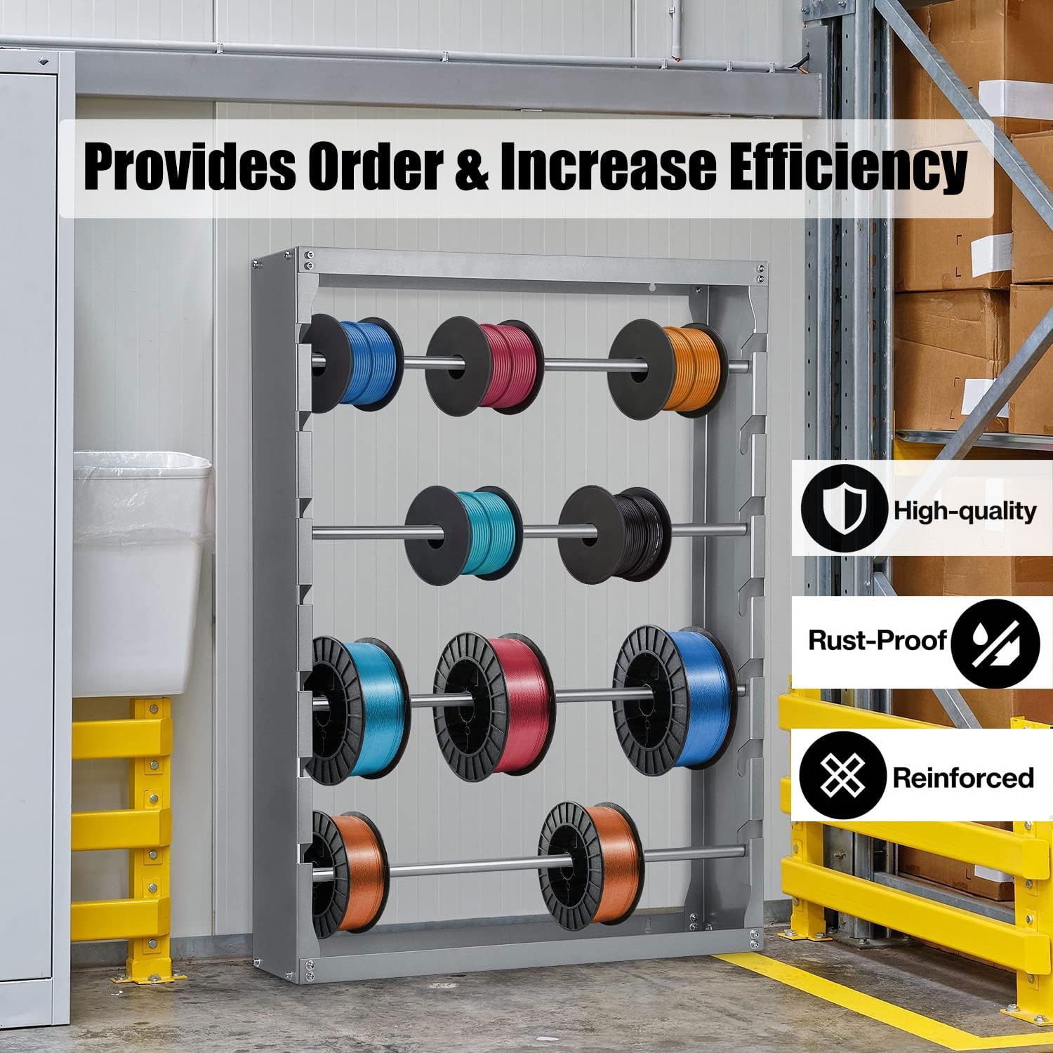 Wire Spool Rack, Heavy Duty Cold-Rolled Steel Wire Cable Dispenser Conduit Display Rack Wall Mounted Spool Storage Rack with 4 Adjustable Rods for Electrical Industrial Retail Use Grey