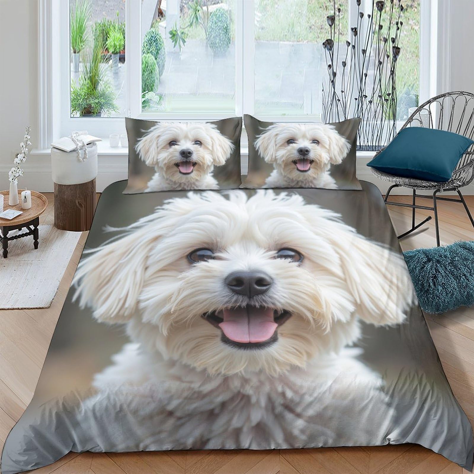 Ctjqhvkz Style-6 3D Printed Fluffy White Dog Fitted Sheet Microfiber Soft Animal Face Bed Cover For Bedroom Guest Room Decor Single（135X200cm）