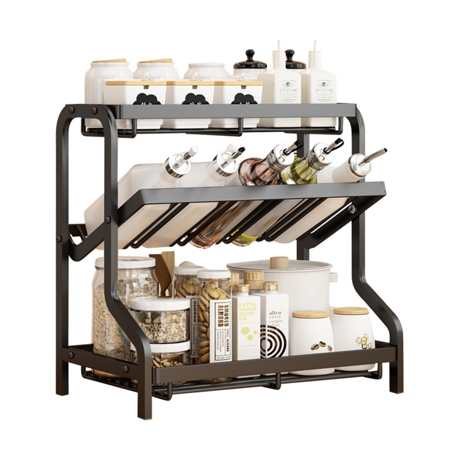 WDSOPK 3 Tier Spice Rack - Free Standing Carbon Steel Wall Mounted Condiment Holder for Herbs & Spices - Kitchen for Countertops & Cupboards - Black
