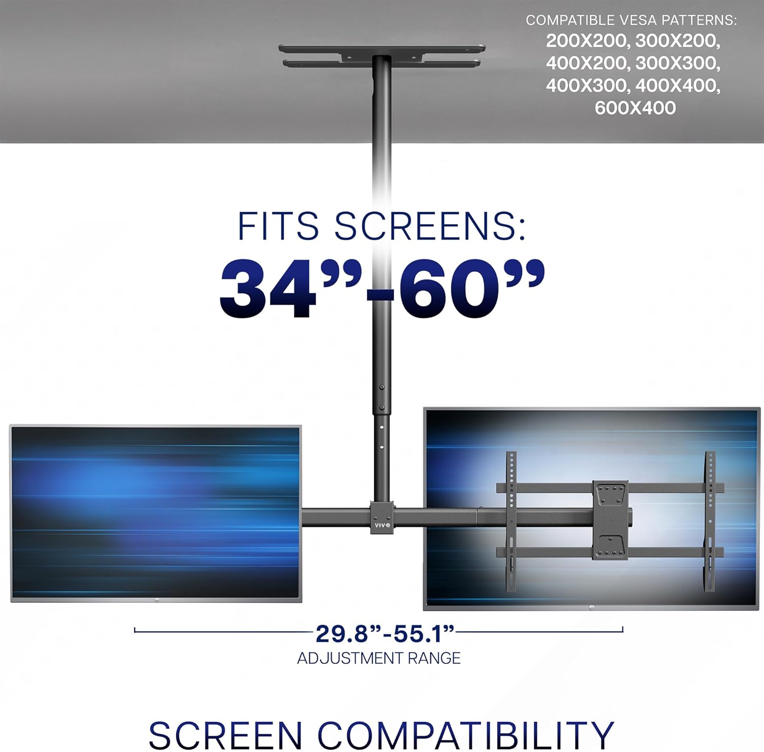 VIVO Side-by-Side Dual TV Ceiling Mount for 34 to 60 inch Screens, Heavy Duty Full Swivel Menu Board for TVs up to 88 lbs Each, 5.5ft Extension Pole, Maximum VESA 600x400, Black, MOUNT-VC2-5