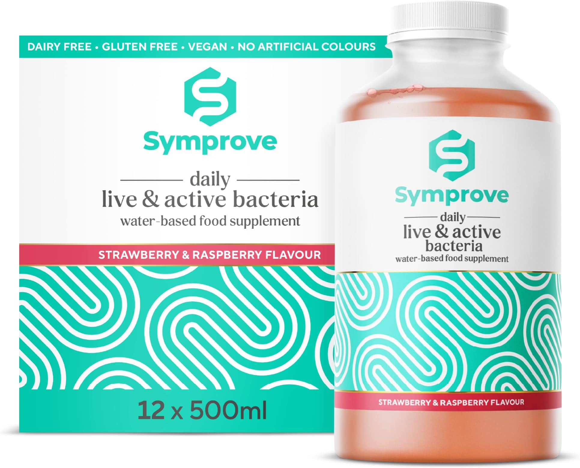 Symprove Liquid Probiotic, Billions of Live & Active Bacteria, Strawberry & Raspberry Flavour, Water-Based, Dairy & Gluten Free, Vegan (12 x 500ml)