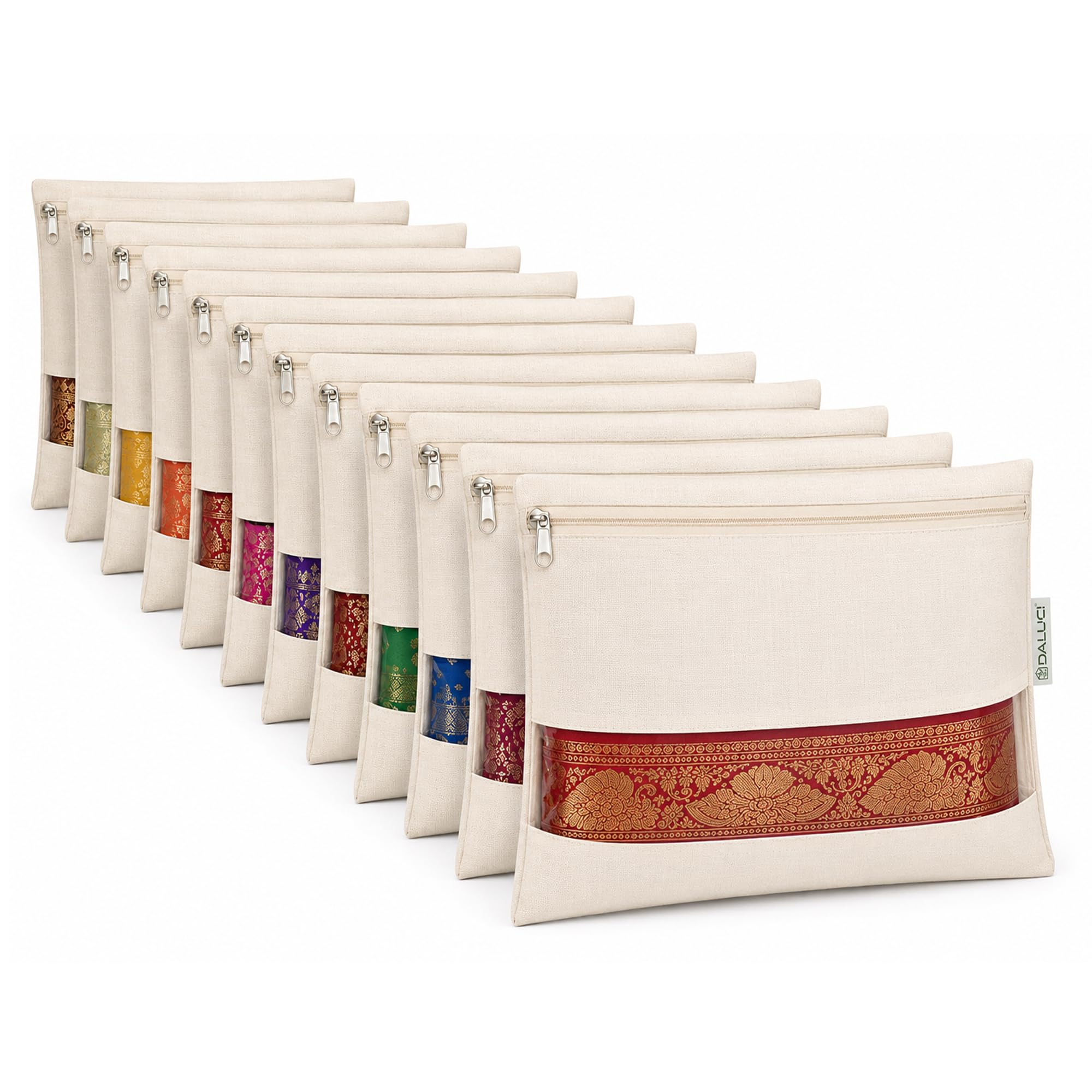 DALUCI Cotton Saree Covers for Storage (Pack of 12) | 16×14 Inch Big Size Cotton Saree Bags Set with Zip Closure & Transparent Mesh Window | Saree Cover for Wardrobe Organizer – Beige-image-39