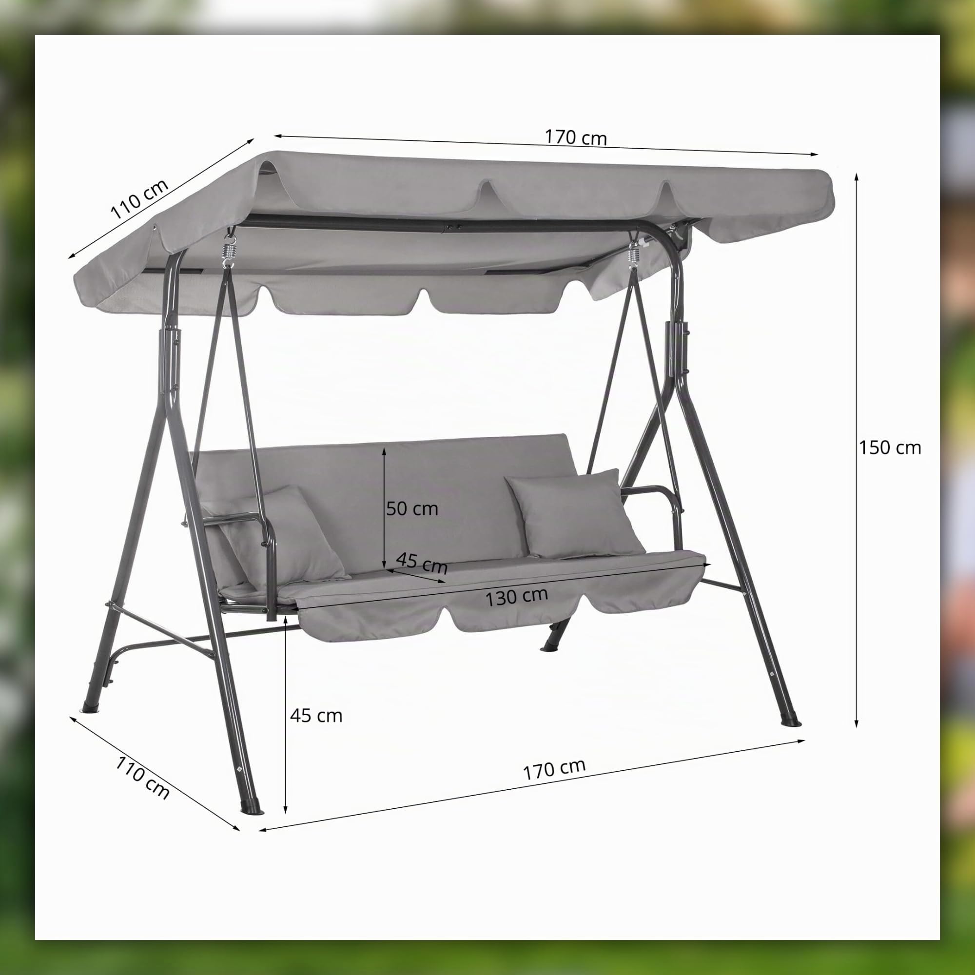 SPRINGOS Balancelle de jardin Luna avec toit, coussin, balancelle 3 personnes, H x L x P : 150 x 170 x 110 cm (gris)