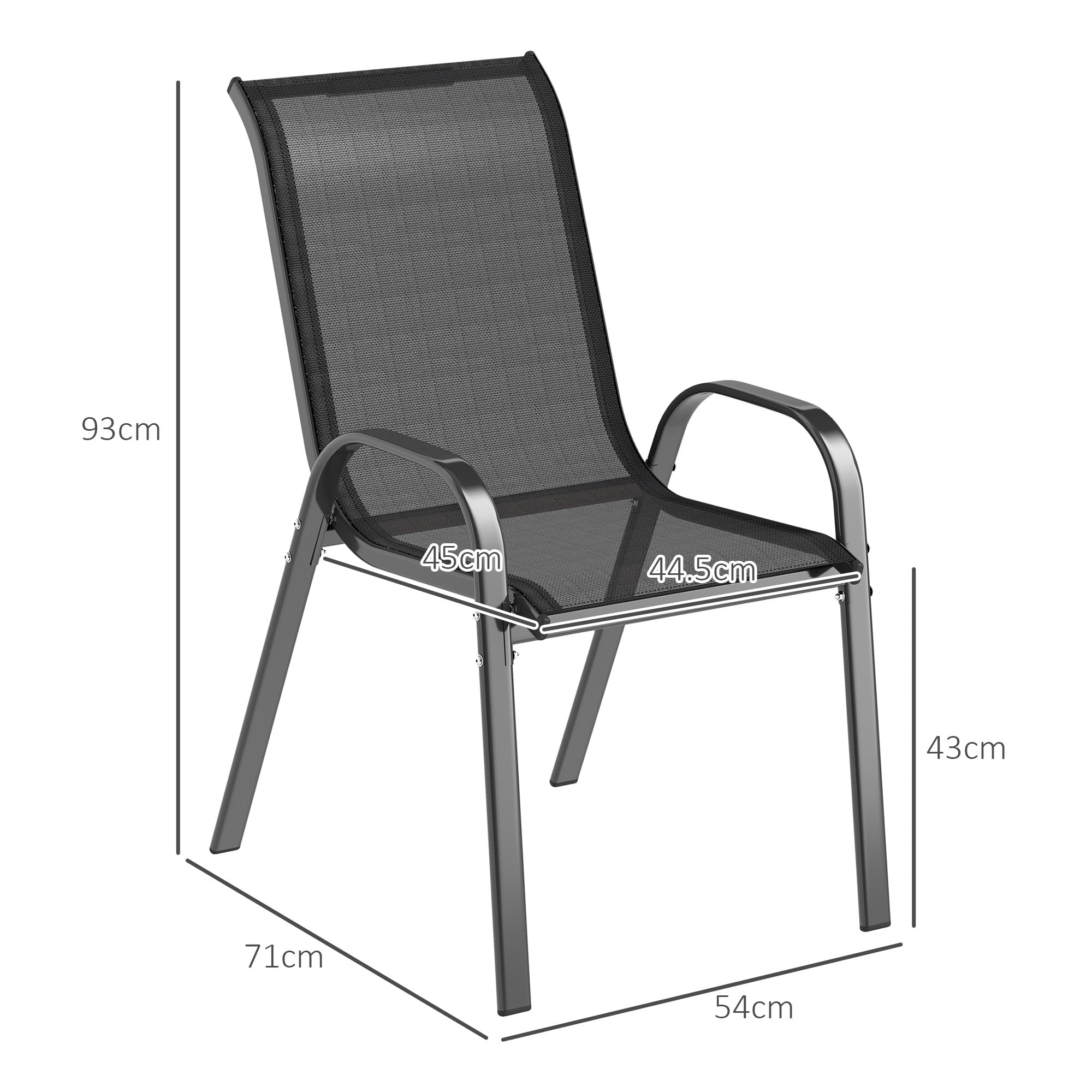 Outsunny Set 4 Sedie da Giardino Impilabili con Braccioli, Acciaio e Texteline, 54x71x93 cm Nero
