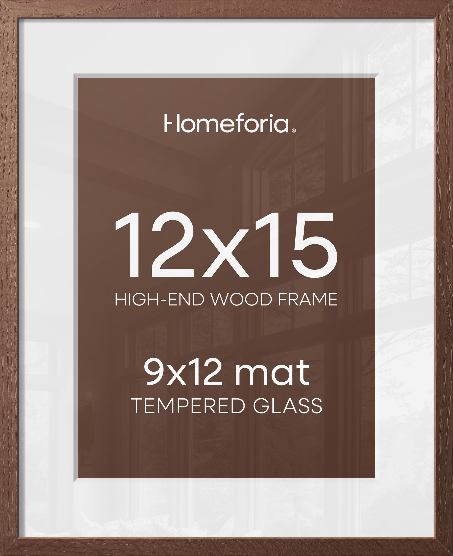 Homeforia 12x15 Brown Oak Picture Frame, High-End Wood, 9x12 Mat, Glass | High End Solid Oak Wood, Tempered Glass, Acid-Free 9x12 Removable Mat, 12x15 Edge-to-Edge Display 15x12, Wall Kit, Set Of 2