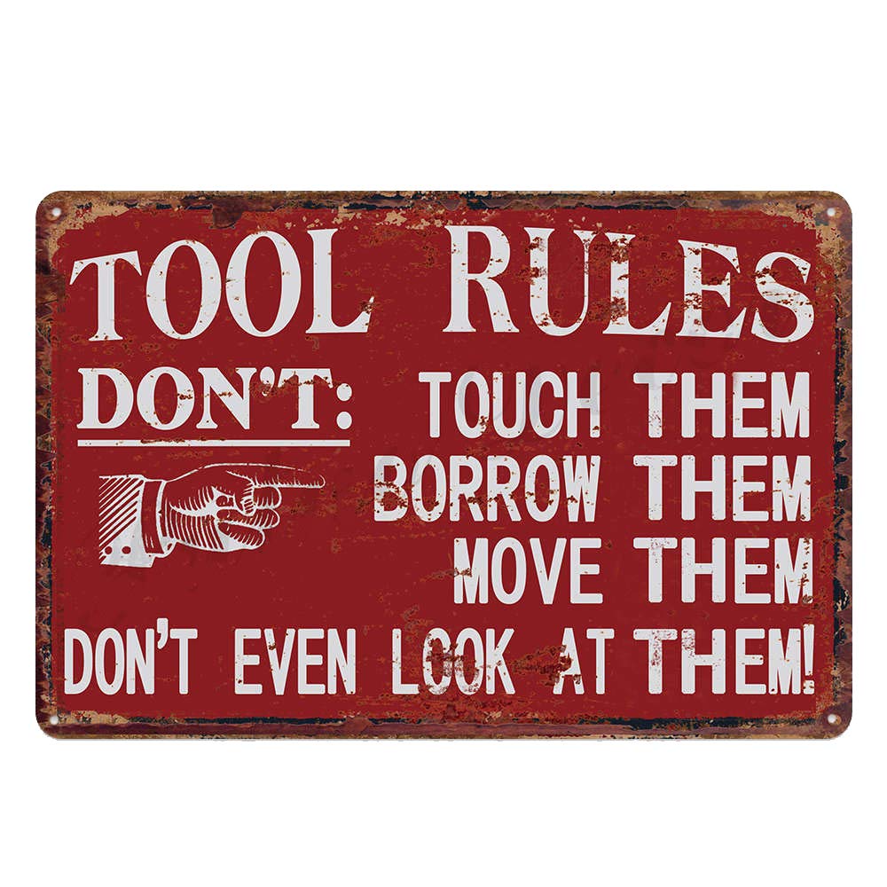 Red Garage Tool Rule Tin Metal Wall Decoration, Design Thick Tinplate Tool Rules Wall Art Signs for Garage 8x12 Inch
