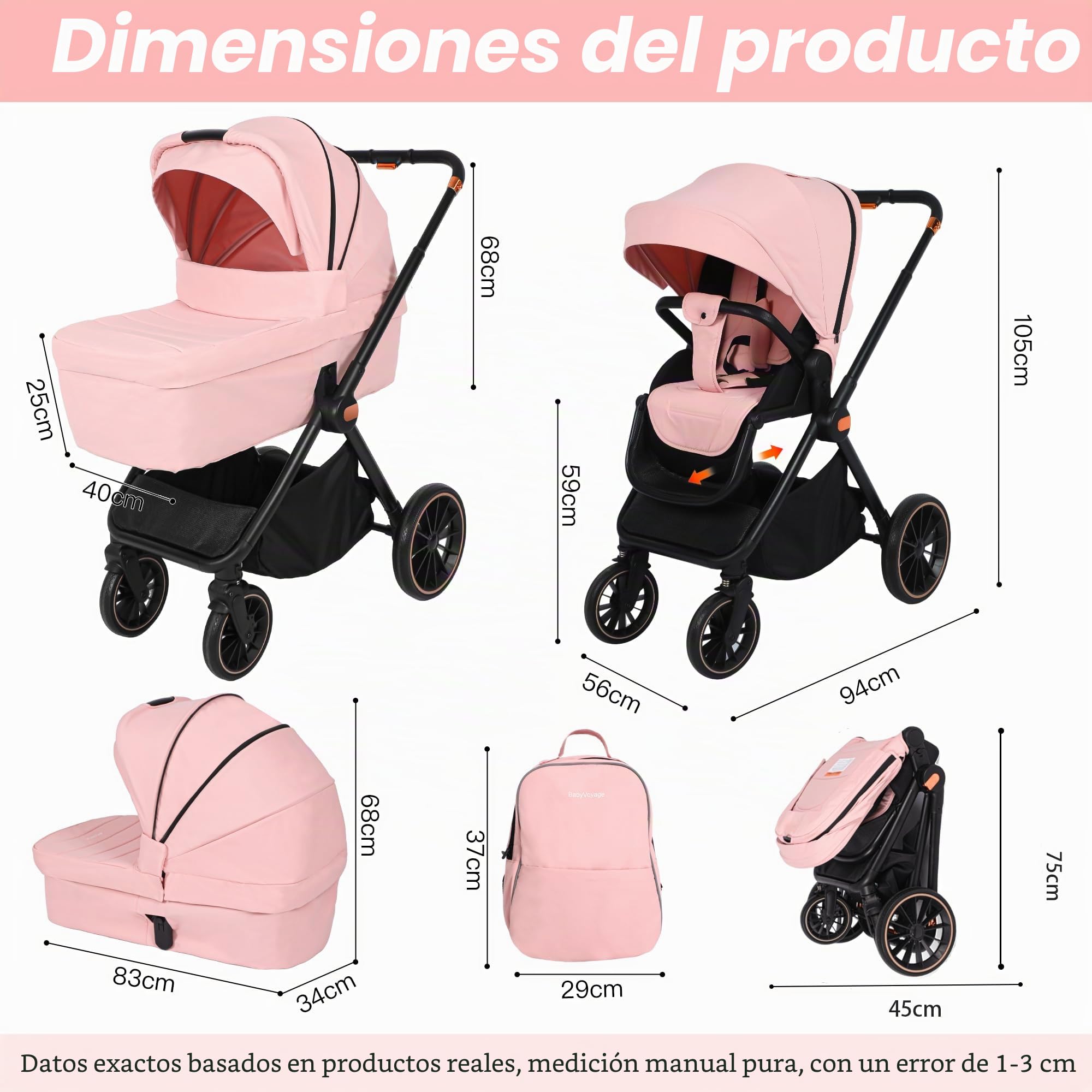 Carrito bebe 3 en 1, carro bebe con dos modos deslizantes reversibles, silla de paseo con marco de aleación de aluminio, juego completo 3 en 1 diseño plegable con un solo toque-Rosa